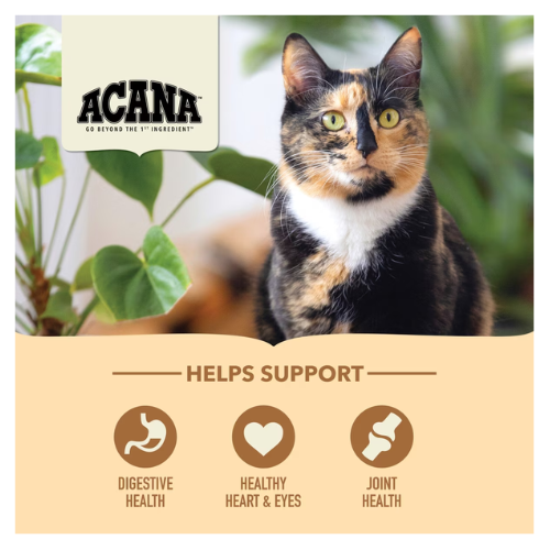 Photo of a calico cat sitting near green plants with the ACANA logo above and icons below indicating the food helps support digestive health, healthy heart and eyes, and joint health.