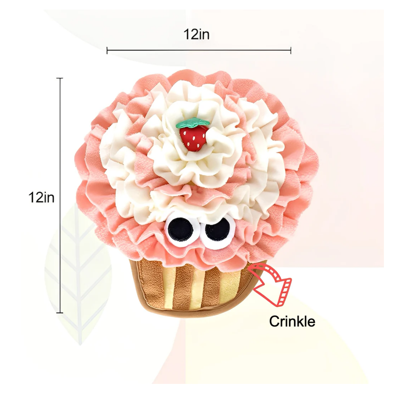Full view of the cupcake-shaped snuffle mat with measurement labels showing 12 inches tall and 12 inches wide, plus an arrow indicating a “Crinkle” feature inside the toy.