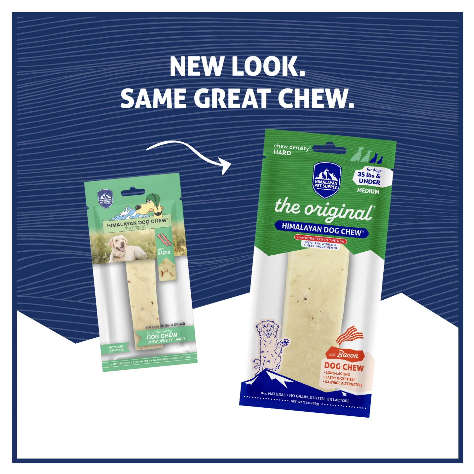 Side-by-side comparison of old and new packaging for the medium Himalayan Dog Chew with bacon flavor. The older green package is shown on the left and the updated green package on the right with the text “New look. Same great chew.”