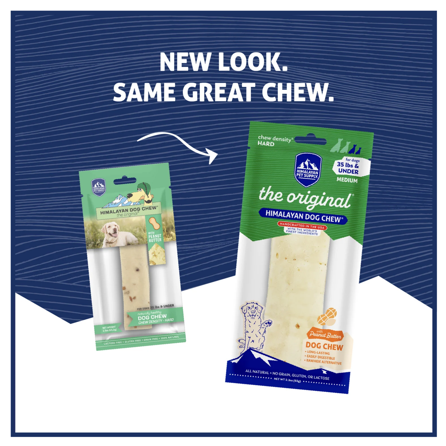 Side-by-side comparison of old and new packaging for the medium Himalayan Dog Chew with peanut butter. The older green package is on the left, and the updated green package is on the right with the text “New look. Same great chew.”