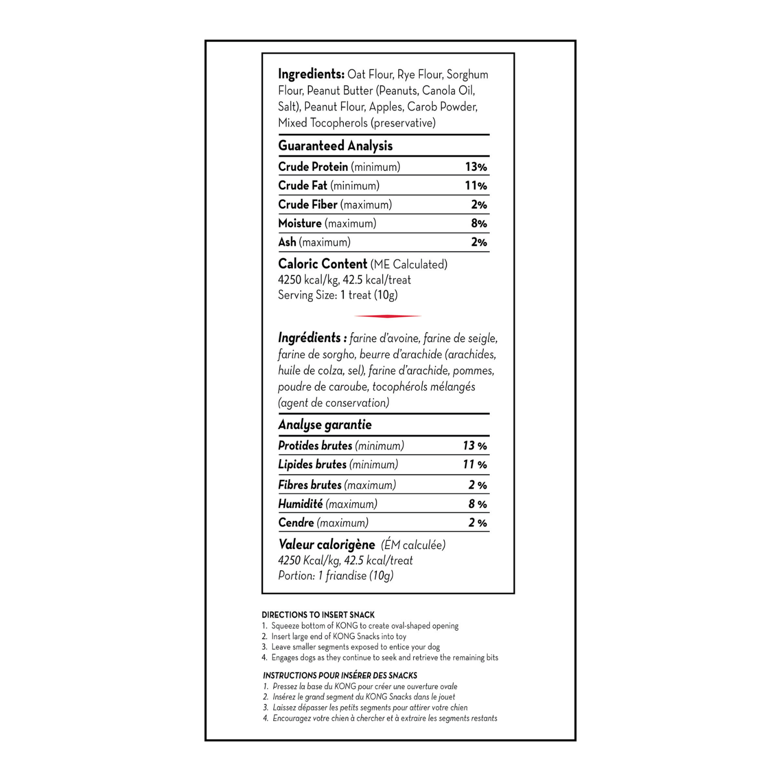 Black-and-white label showing ingredients, guaranteed analysis, caloric content, and directions for inserting KONG Snacks into a KONG toy, presented in English and French.