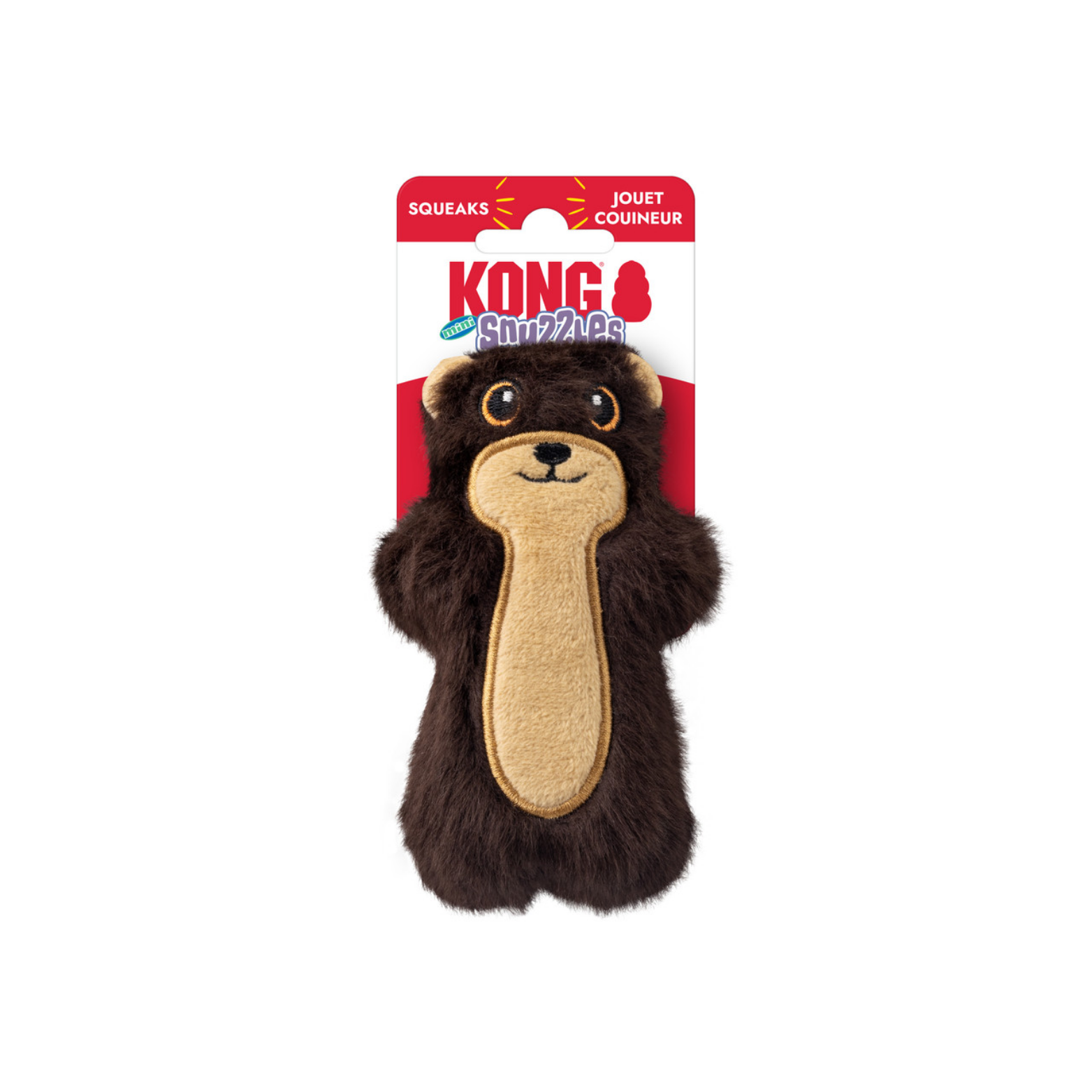 KONG Snuzzles Mini Otter dog toy displayed in retail packaging with the red KONG Snuzzles label and “squeaks” text at the top.
