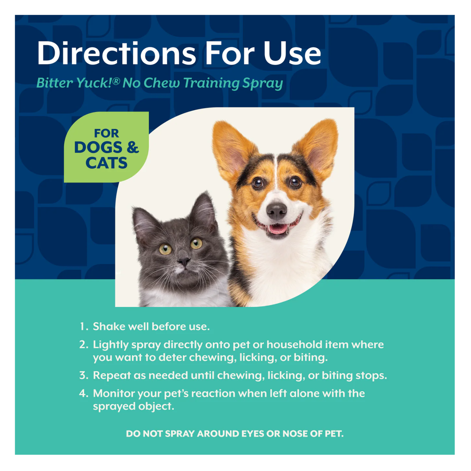 A dog and cat pictured together above step-by-step instructions for using Bitter YUCK! No Chew Spray, including shaking before use, lightly spraying targeted areas, repeating as needed, and avoiding eyes and nose.
