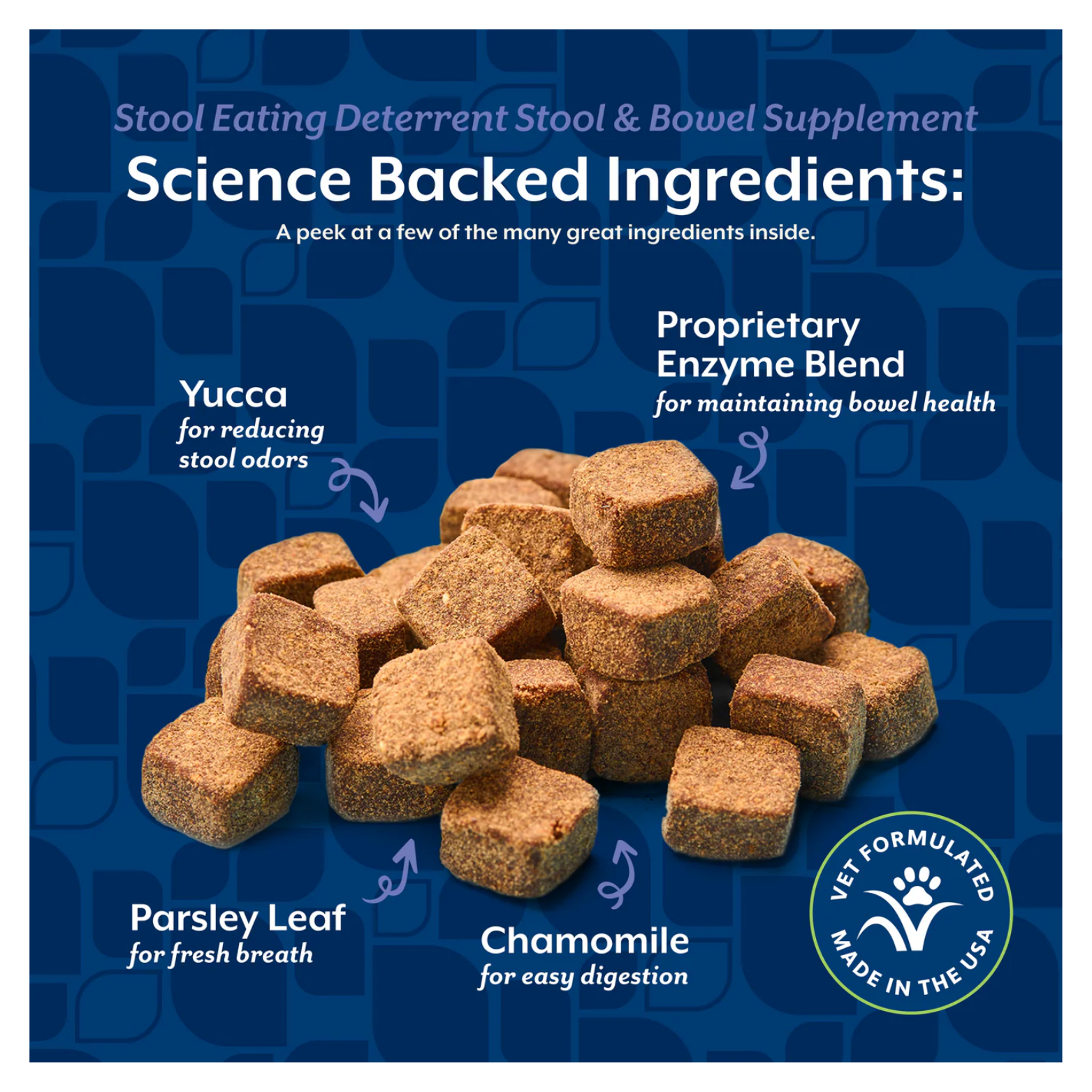 Pile of NaturVet Stool Eating Deterrent soft chews labeled with science-backed ingredients including yucca for stool odor reduction, parsley leaf for fresh breath, chamomile for digestion, and a proprietary enzyme blend.