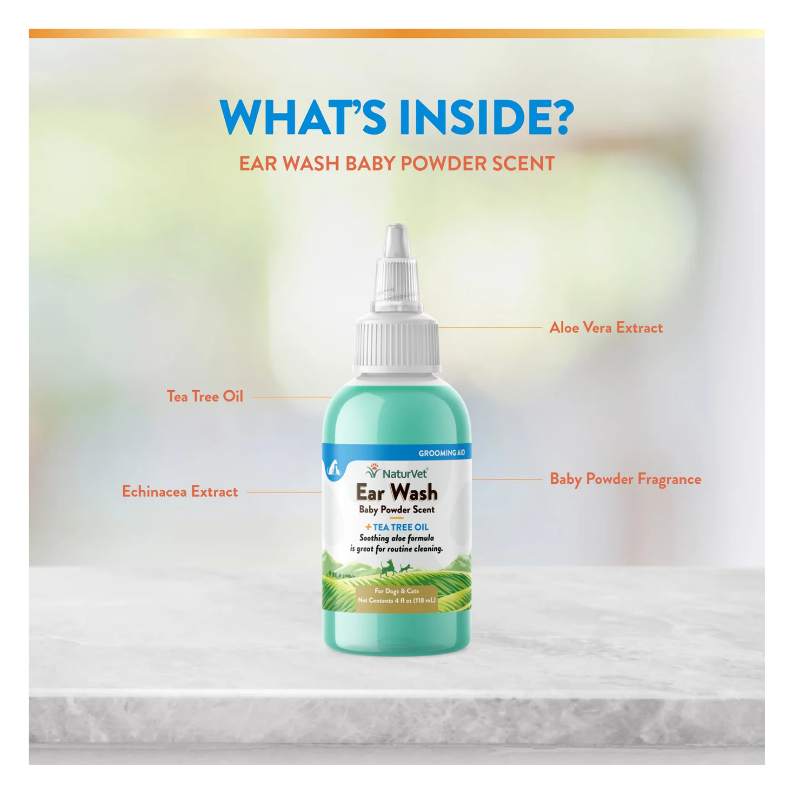Graphic titled “What’s Inside?” showing NaturVet Ear Wash Baby Powder Scent bottle with labeled ingredients including tea tree oil, aloe vera extract, echinacea extract, and baby powder fragrance.