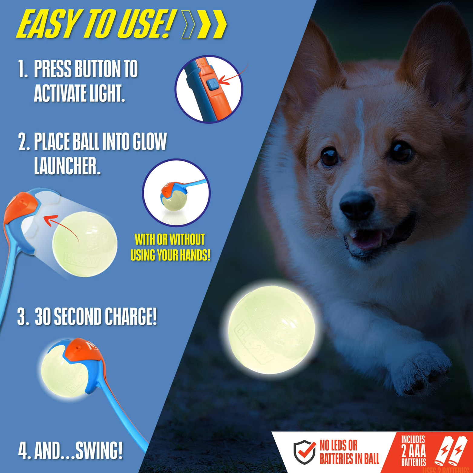 Nerf Dog AirStrike Glow Ball Launcher with TPR Glow Ball, 23 inch