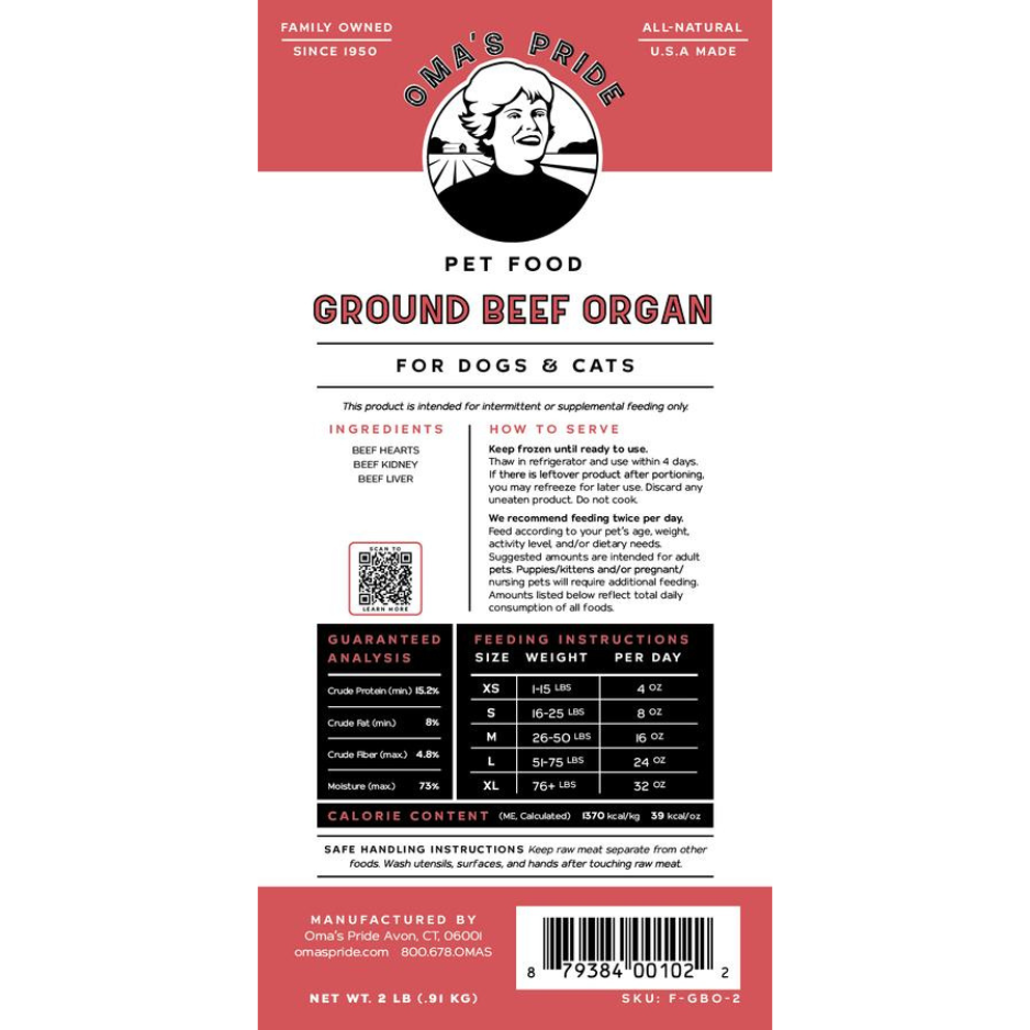 Oma's Pride Ground Beef Organ Raw Frozen Dog and Cat Food