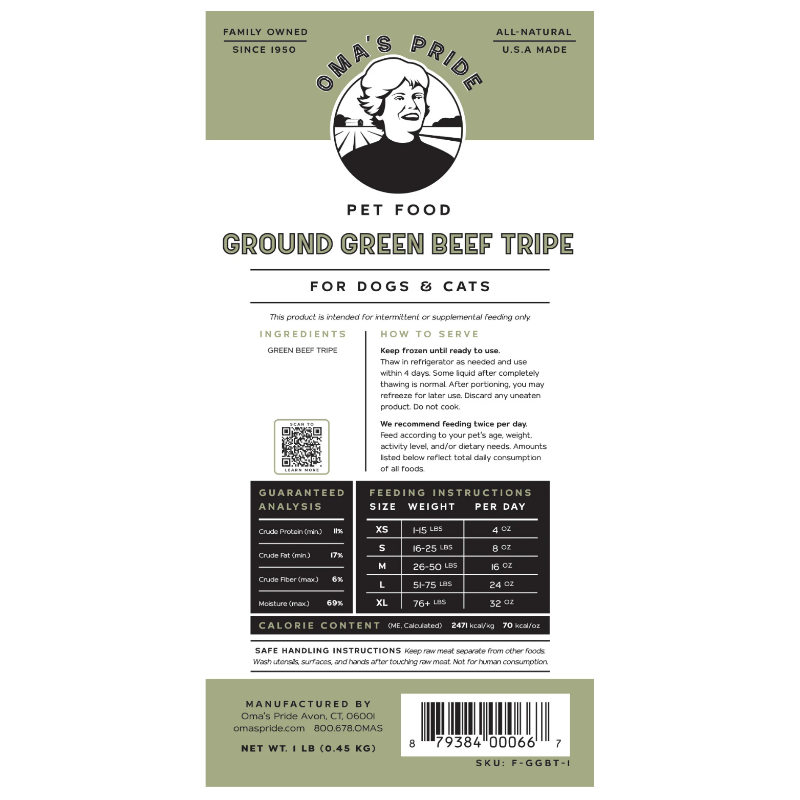 Product label for Oma’s Pride Ground Green Beef Tripe showing ingredients, feeding instructions, guaranteed analysis, calorie content, and barcode information.