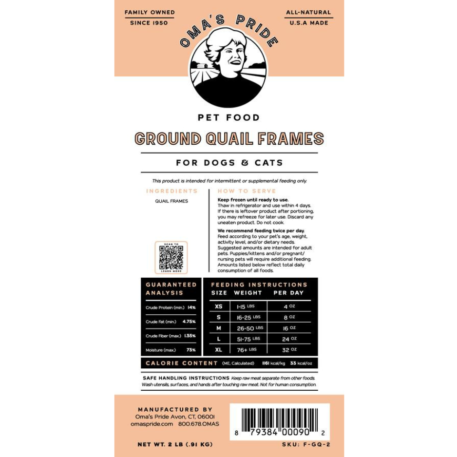 Oma's Pride Ground Quail Frames Raw Frozen Dog and Cat Food