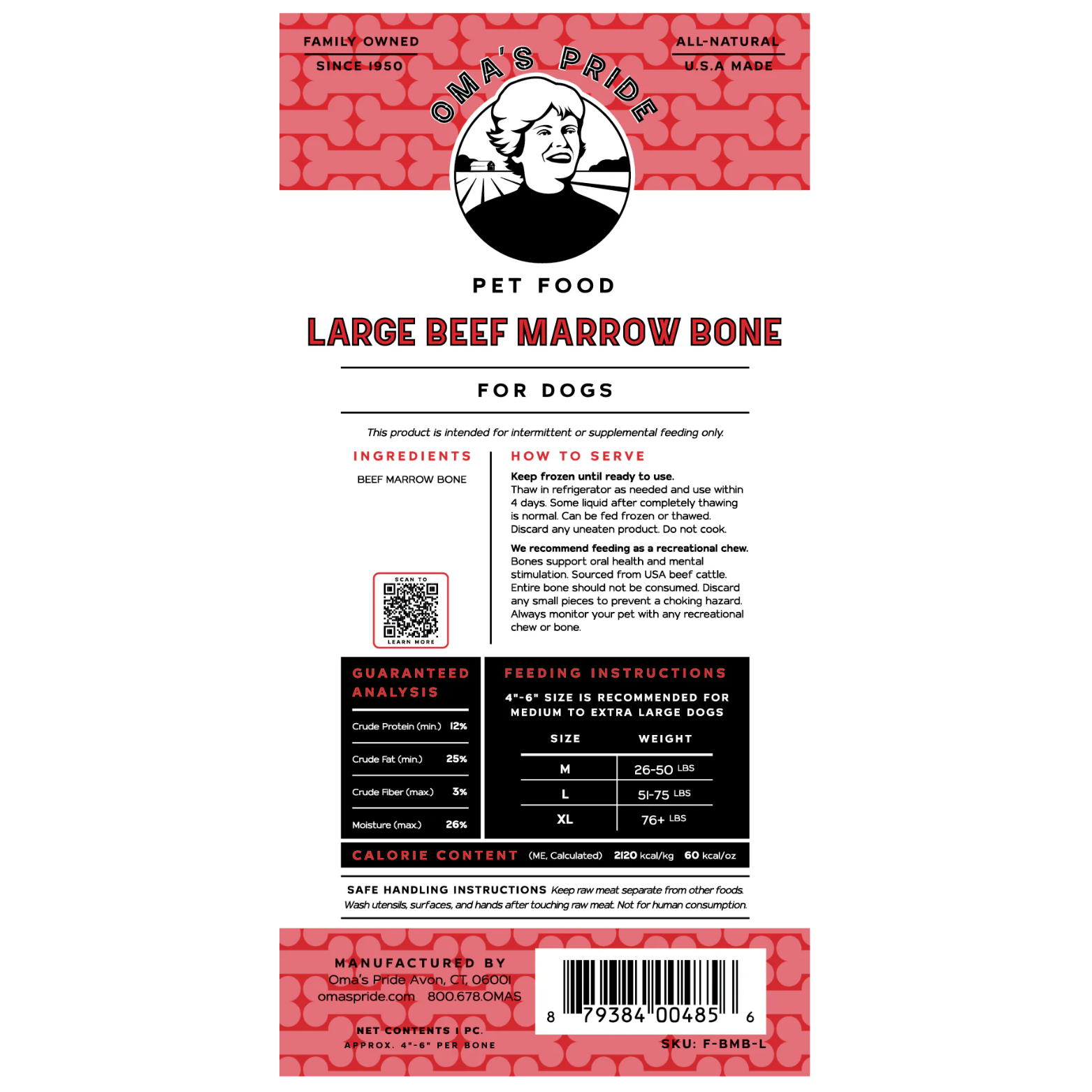 Product label for Oma’s Pride Large Beef Marrow Bone for dogs showing ingredients, feeding instructions, guaranteed analysis, and barcode information.