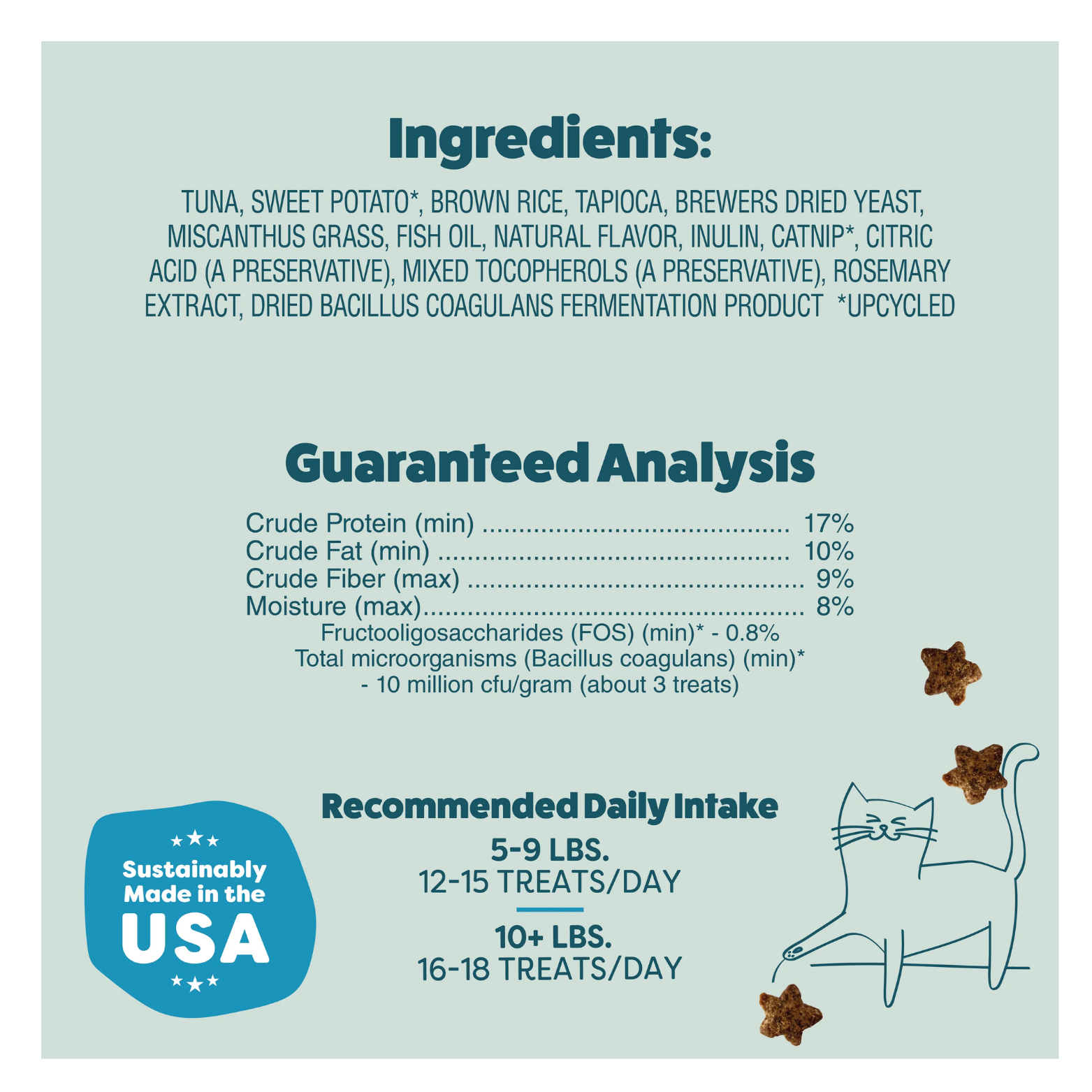 Informational panel listing ingredients such as tuna, sweet potato, brown rice, catnip, and probiotics, along with guaranteed analysis percentages for protein, fat, fiber, moisture, and recommended daily intake by cat weight. Includes a “Sustainably Made in the USA” badge.