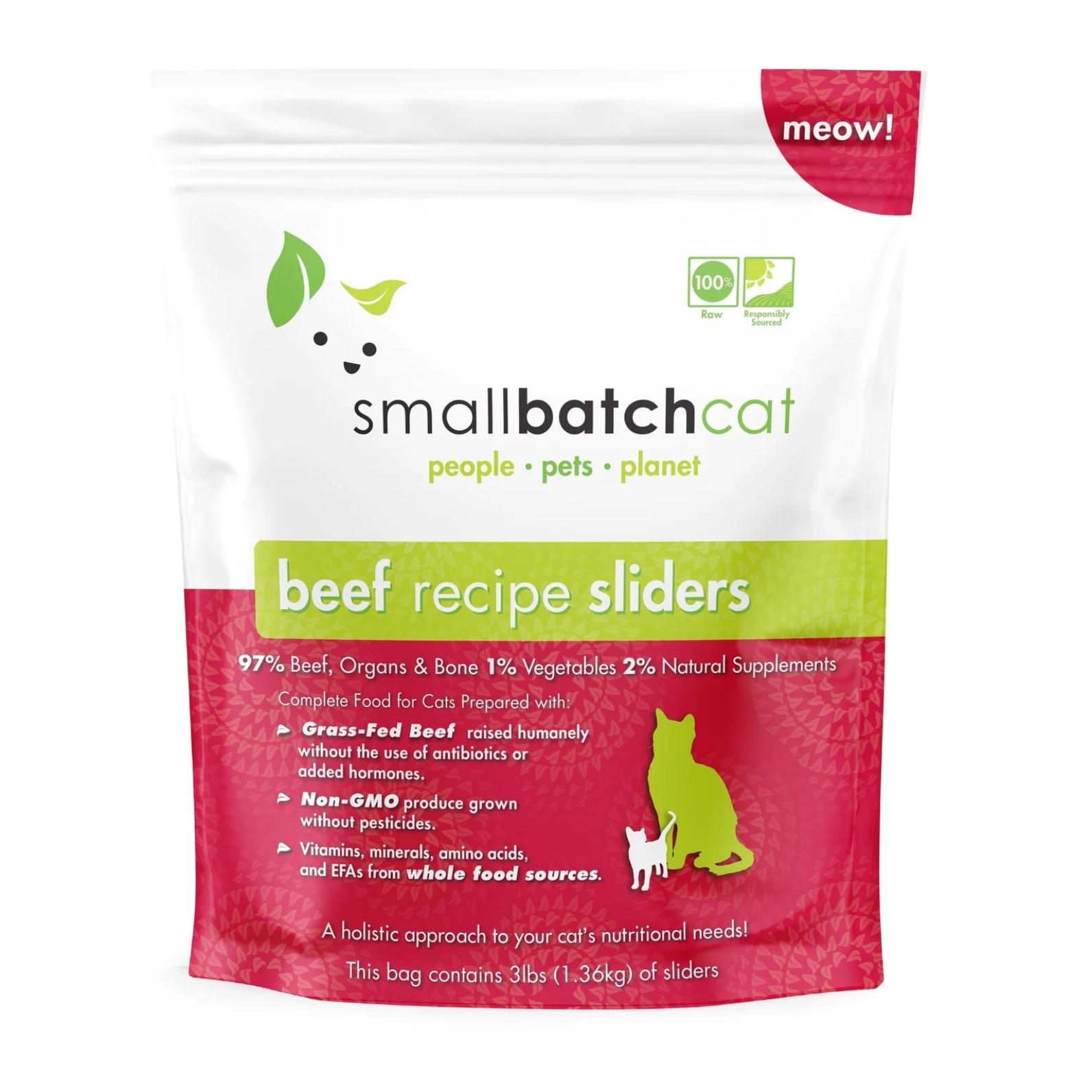 Front view of Smallbatchcat beef recipe sliders frozen raw cat food bag, white packaging with green and red accents and product details.