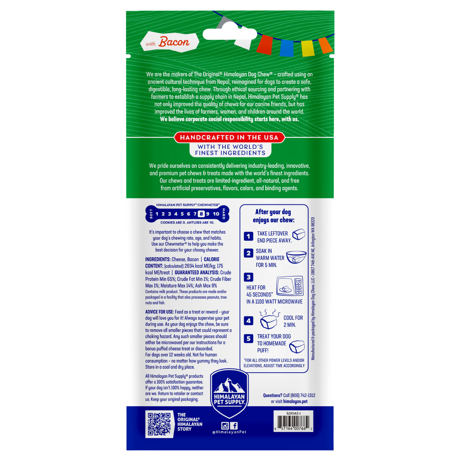 Back of the medium Himalayan Dog Chew with bacon package. Includes brand mission, handcrafted in the USA statement, ingredient and nutrition information, chew density guide, feeding instructions, and microwave puff preparation steps.