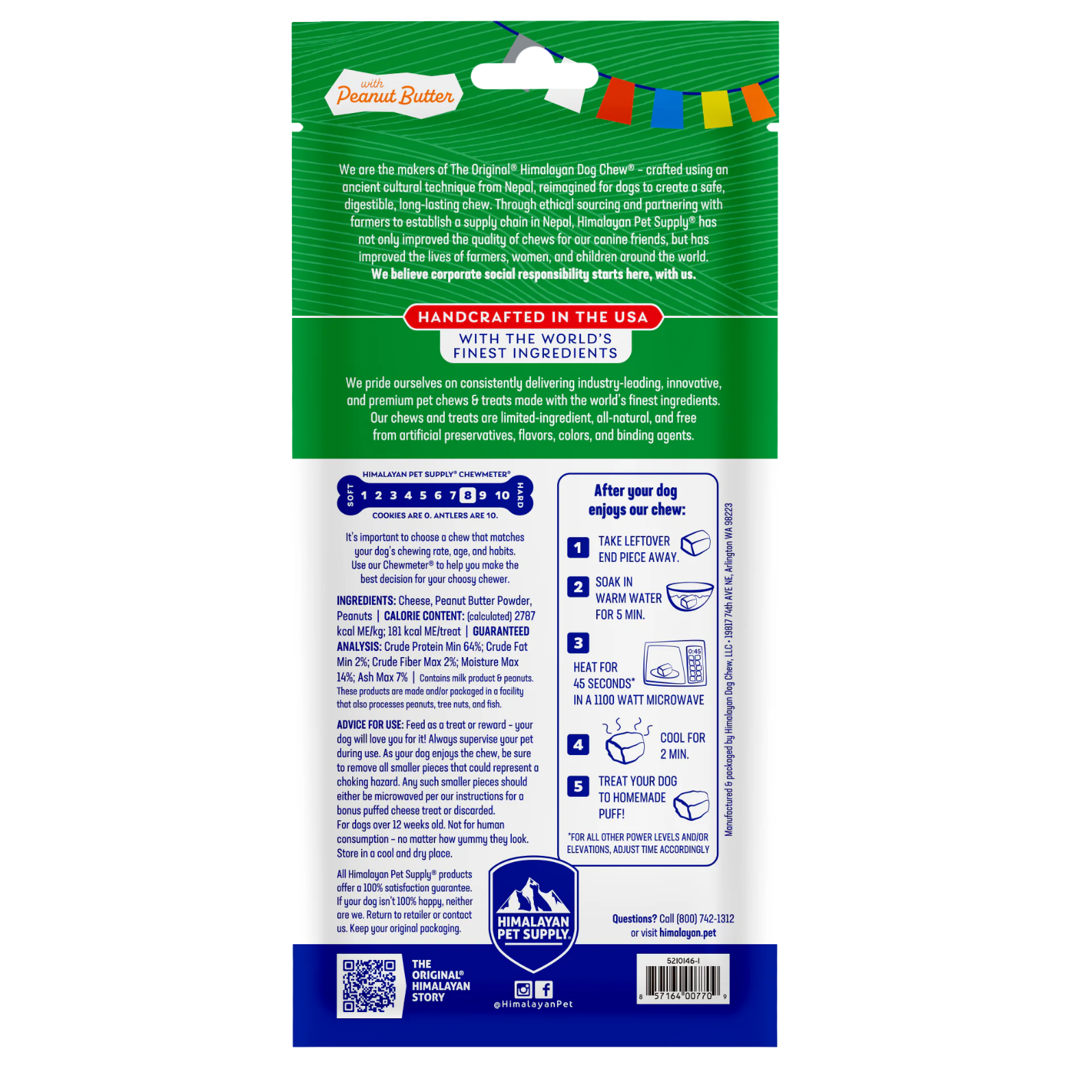 Back of the medium Himalayan Dog Chew with peanut butter package. Includes brand mission, handcrafted in the USA message, ingredient and nutrition information, chew density guide, feeding instructions, and puffed treat preparation steps.