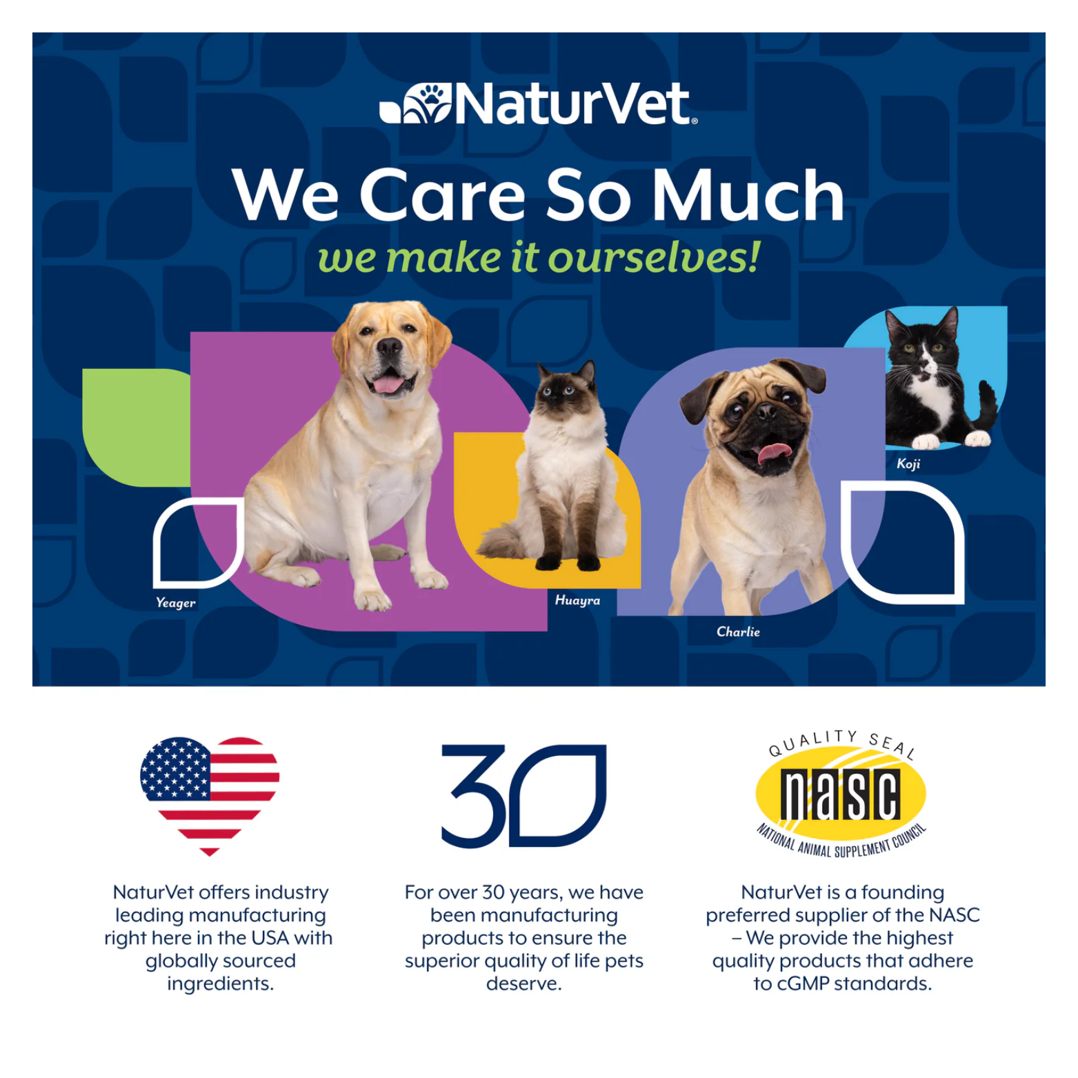 NaturVet branding with photos of several dogs and a cat labeled by name, accompanied by text reading “We Care So Much, we make it ourselves!” and icons noting U.S. manufacturing, over 30 years of experience, and NASC quality seal certification.