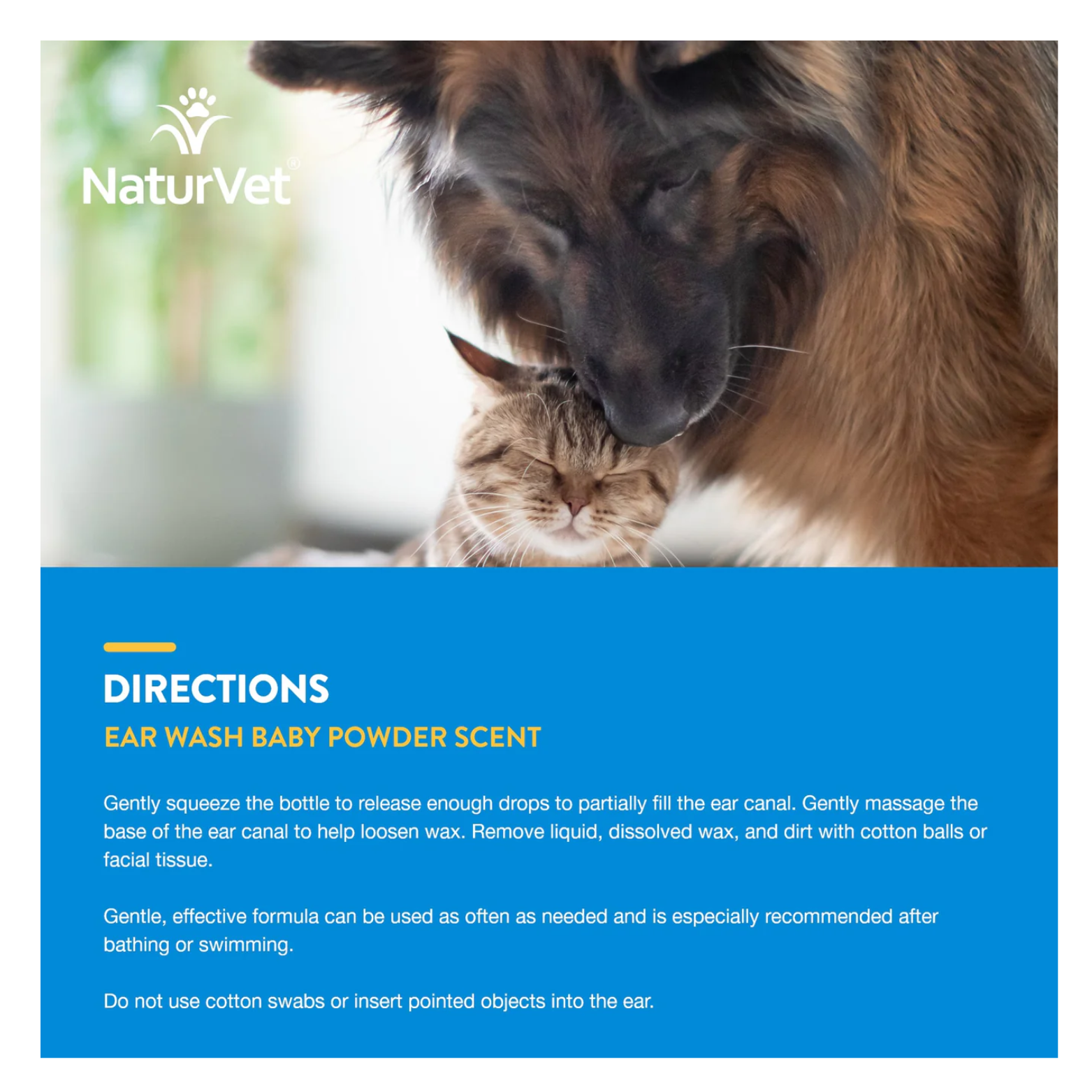 Directions graphic for NaturVet Ear Wash showing a dog gently nuzzling a cat above step-by-step instructions for safe ear cleaning, including massaging the ear and removing loosened wax.