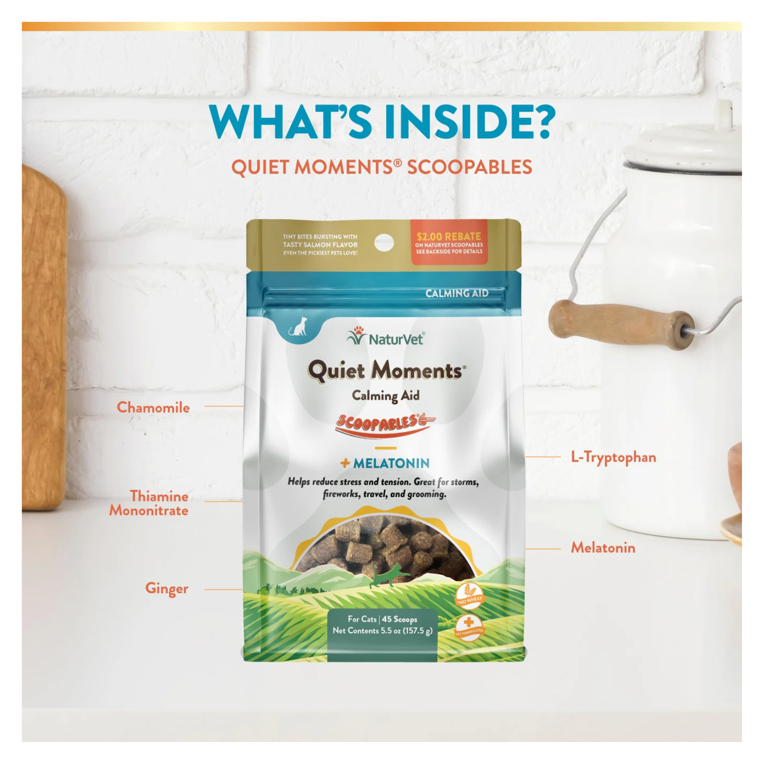 Ingredient overview graphic titled “What’s Inside?” showing the Quiet Moments Scoopables pouch with callouts for chamomile, ginger, thiamine mononitrate, L-tryptophan, and melatonin.