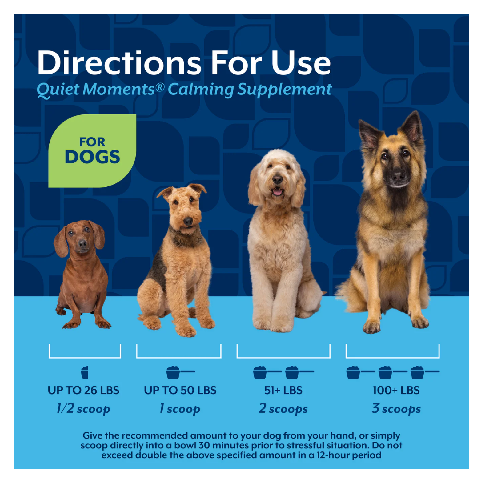 Dosage chart for NaturVet Quiet Moments dog supplement showing scoop amounts by dog weight: up to 26 lbs (½ scoop), up to 50 lbs (1 scoop), 51+ lbs (2 scoops), and 100+ lbs (3 scoops), with dogs of increasing size illustrated.