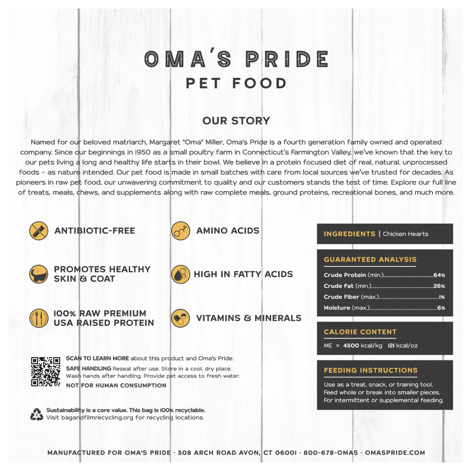 Back of Oma’s Pride Chicken Hearts package featuring brand story, product benefits icons, ingredients (chicken hearts), guaranteed analysis chart, calorie content, feeding instructions, QR code, and company contact information.
