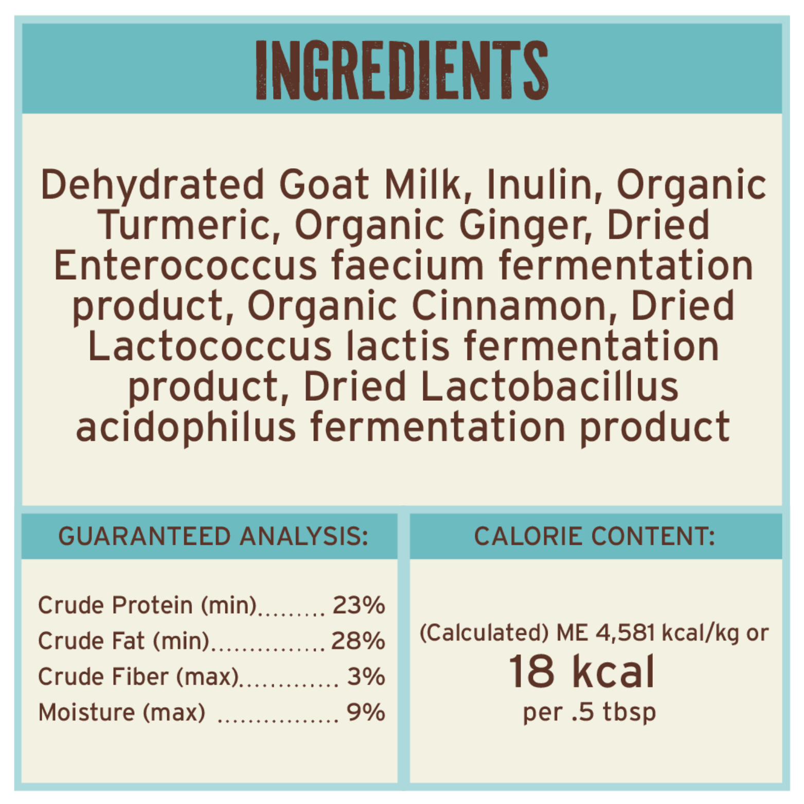 Close-up of ingredient list and guaranteed analysis for Primal Dehydrated Goat Milk, including protein, fat, fiber, moisture percentages, and calorie content per serving.