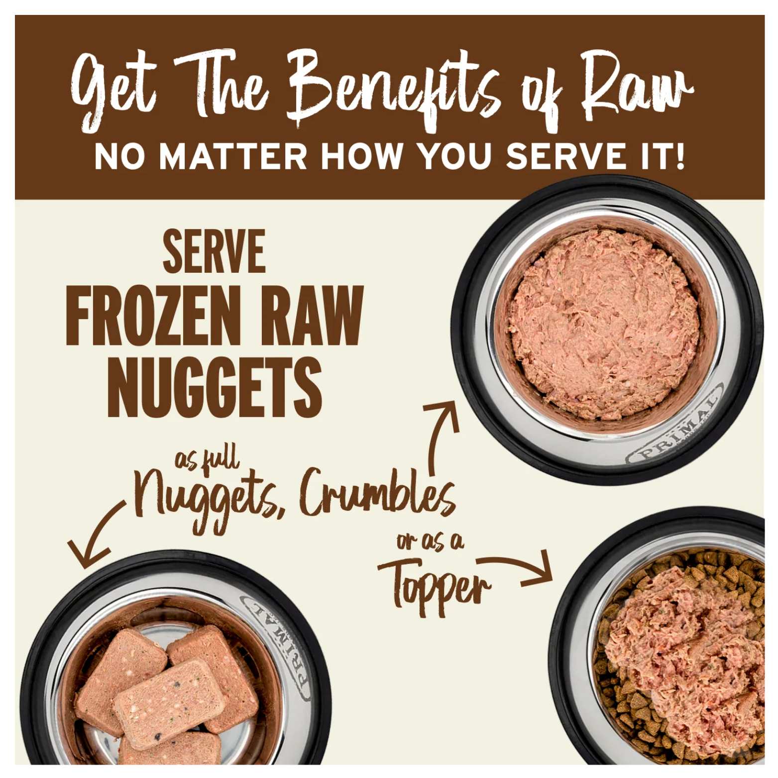 Graphic showing frozen raw nuggets served as full nuggets, crumbled pieces, or as a topper over kibble in pet bowls.