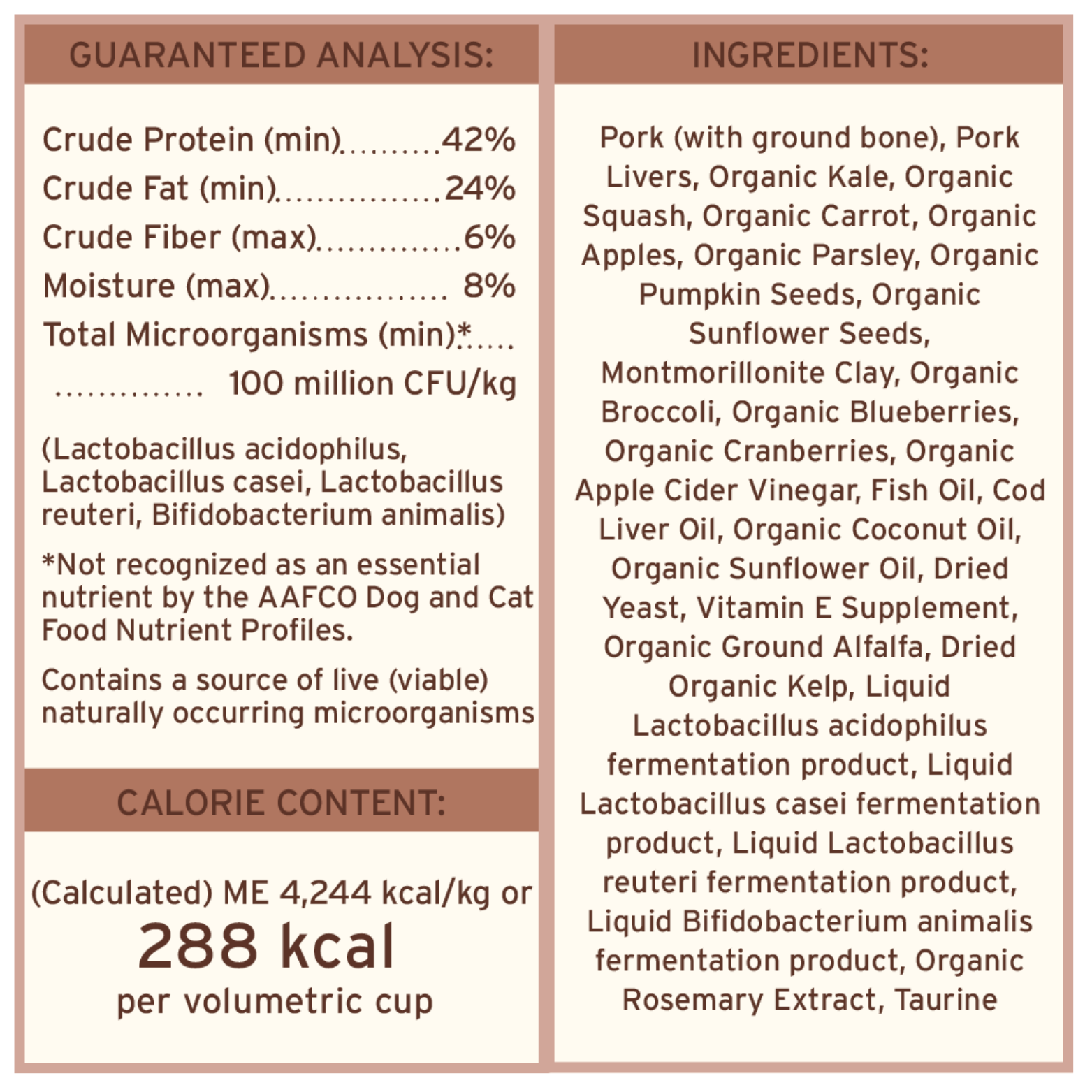 Nutrition panel showing guaranteed analysis values, calorie content per cup, probiotic information, and a detailed ingredients list including pork, organs, organic produce, oils, and supplements.
