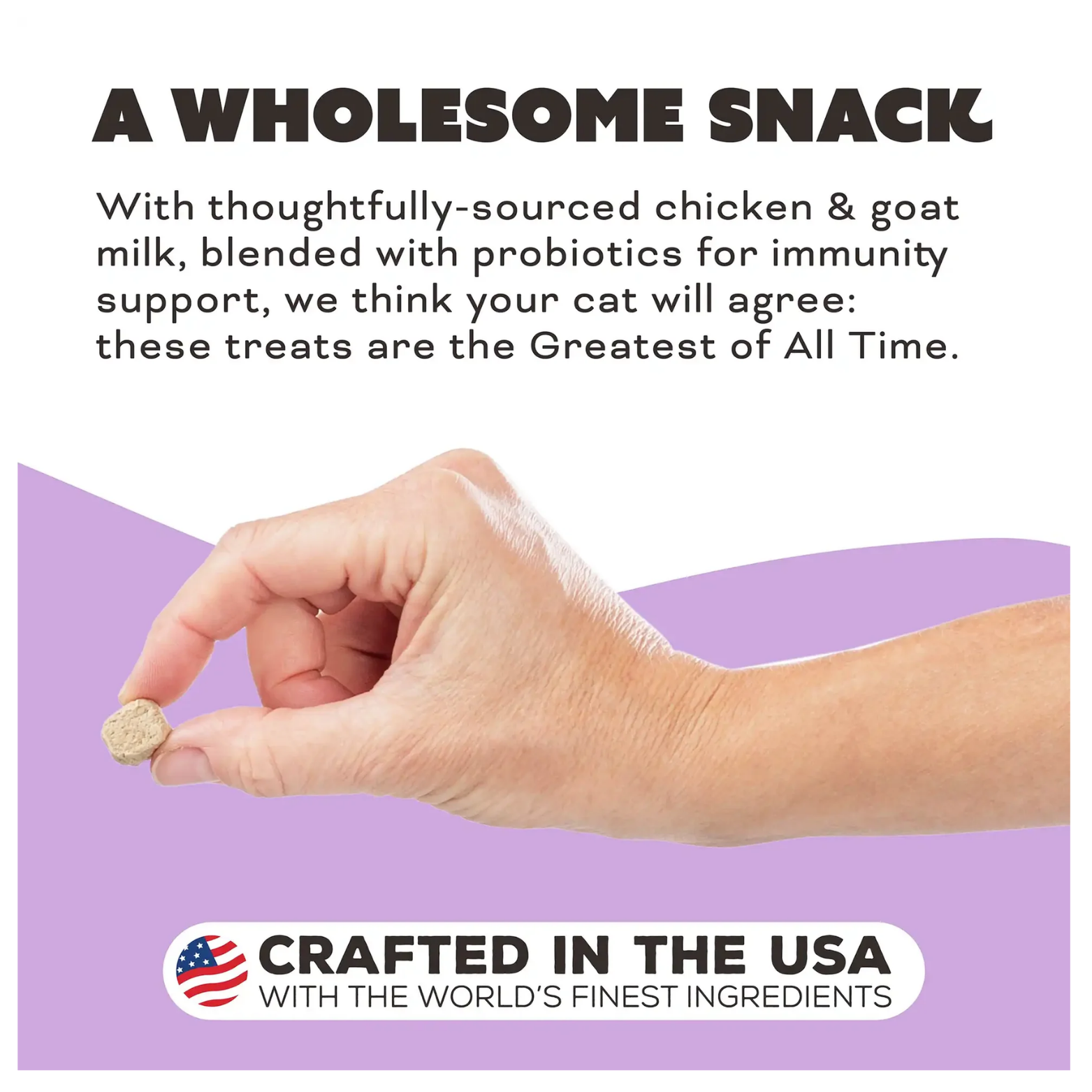 A person’s hand holds a single, small square treat to demonstrate its size. The text describes it as a "Wholesome Snack" with probiotics for immunity support. A logo at the bottom features an American flag design with the text "Crafted in the USA with the world’s finest ingredients."