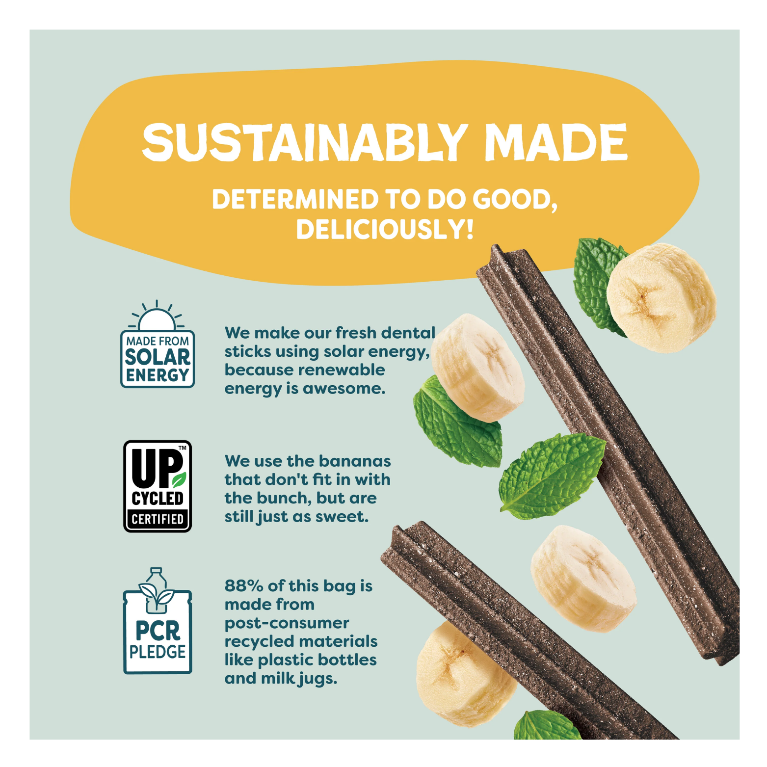 Sustainability graphic stating “Sustainably Made,” explaining use of solar energy, upcycled bananas, and packaging made from post-consumer recycled materials, with icons for solar energy, upcycled certification, and PCR pledge.