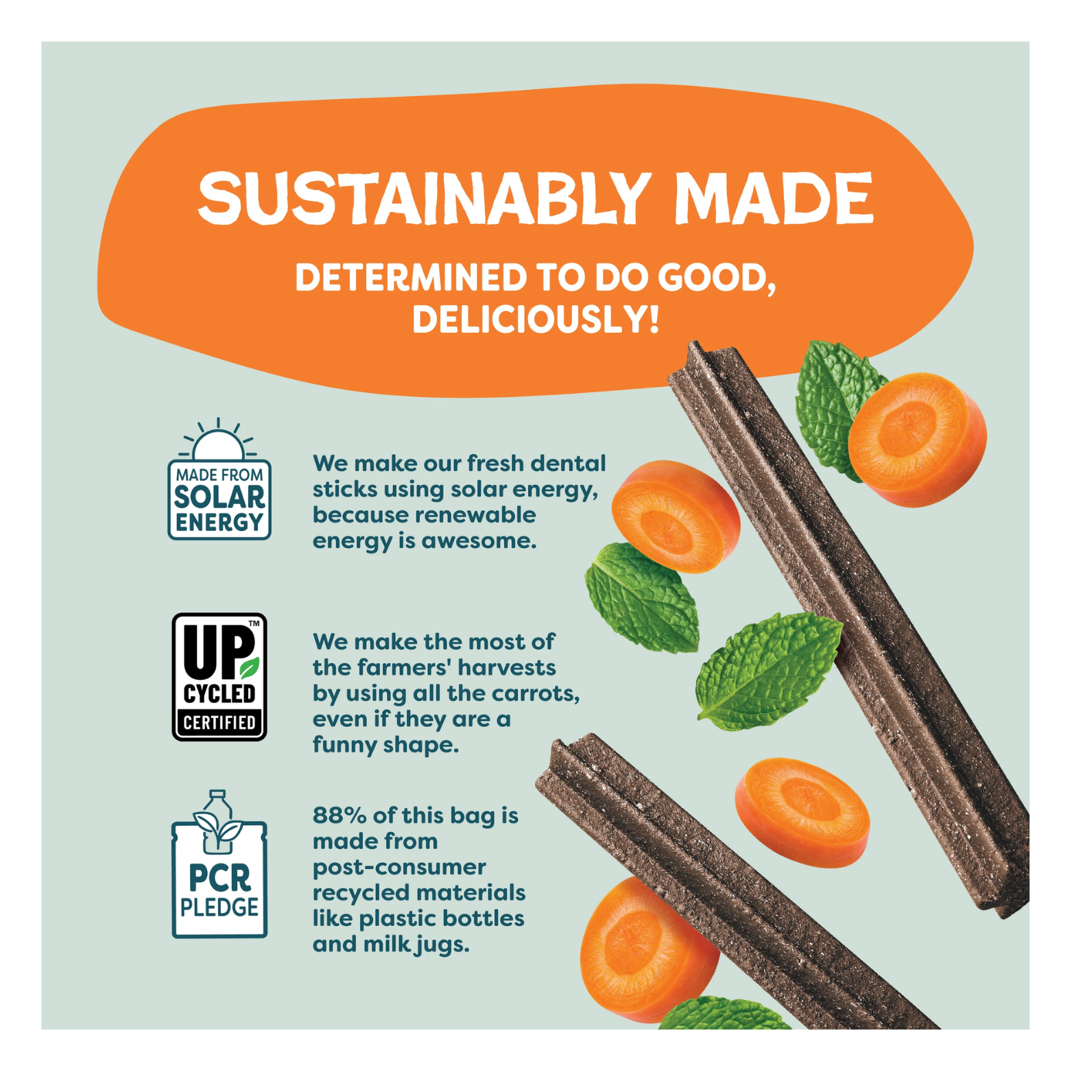 Sustainability graphic stating “Sustainably Made – Determined to Do Good, Deliciously,” with icons noting solar energy use, upcycled carrots, and packaging made from post-consumer recycled materials.