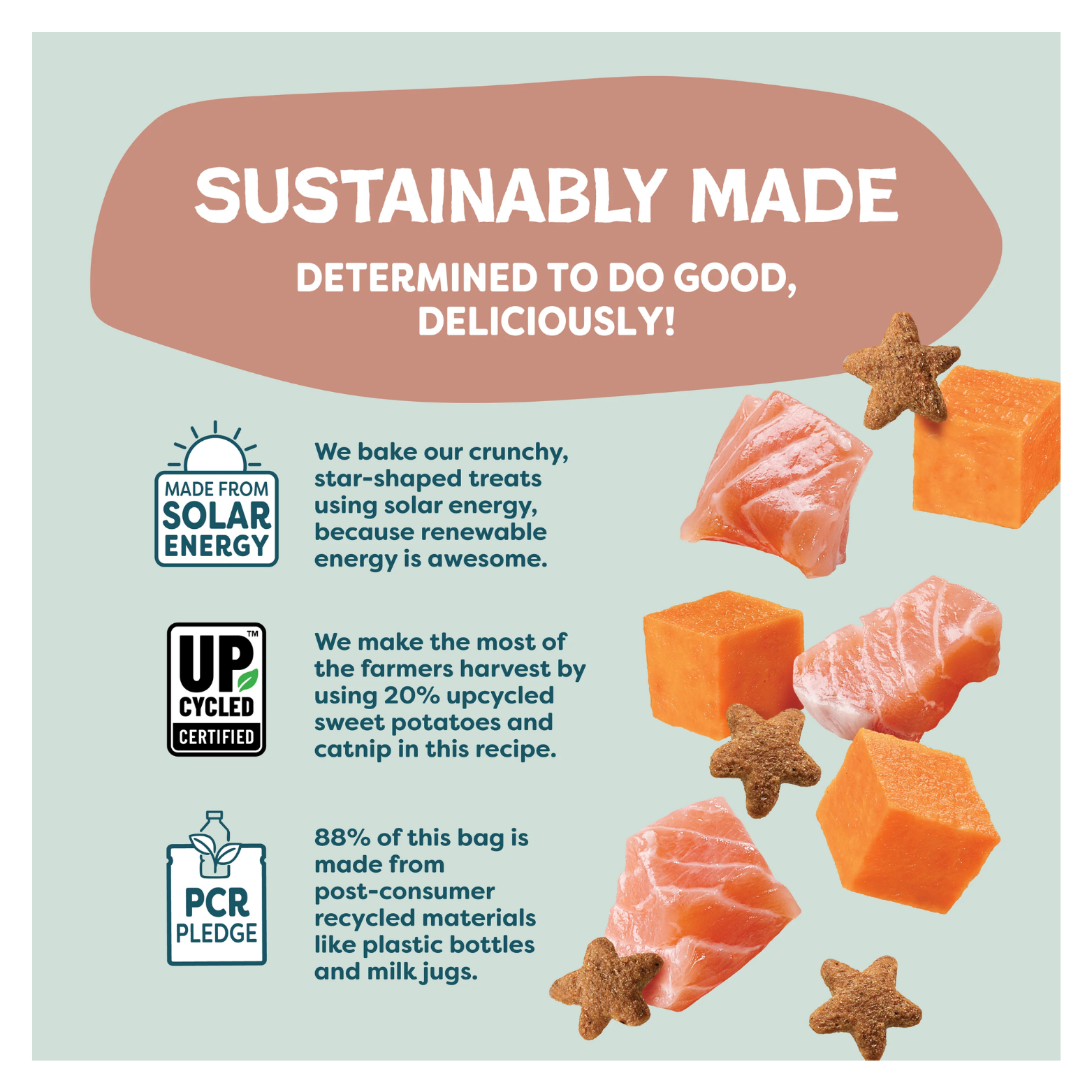 Side-by-side image showing the old and new Shameless Pets Yam Good Salmon cat treat packaging with text reading “Fresh, new look—same shamelessly good treats inside.”