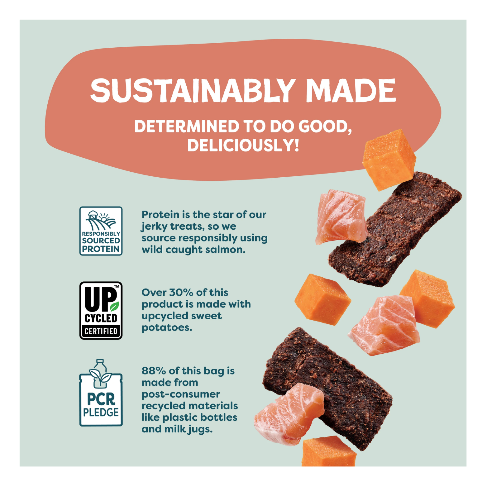 Light green background with text reading “Sustainably Made,” explaining responsibly sourced wild-caught salmon, use of upcycled vegetables, and packaging made from post-consumer recycled materials, alongside images of salmon, squash, and jerky pieces.