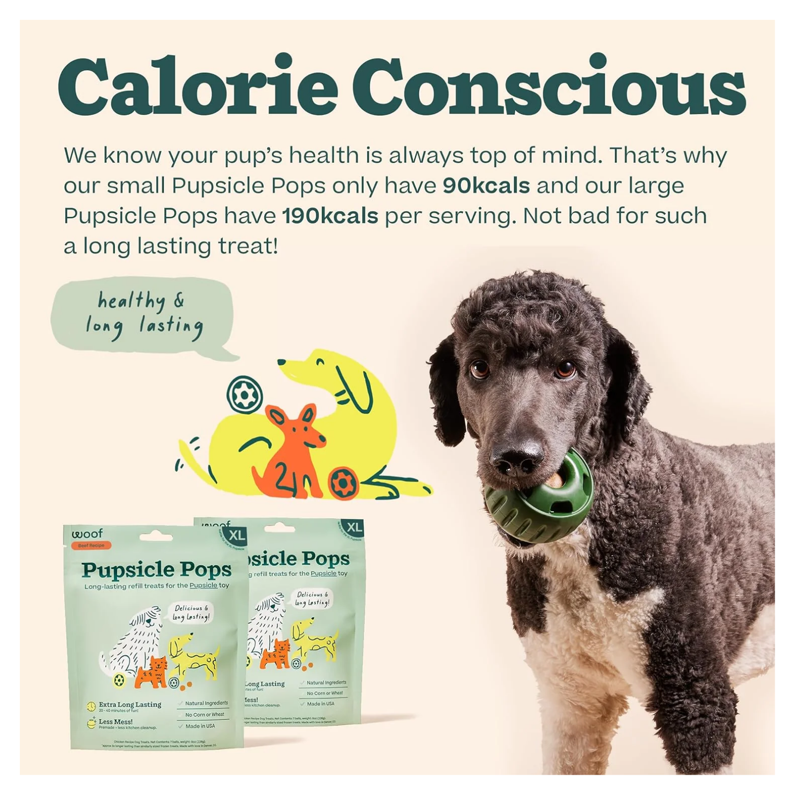 Calorie-conscious promotional image featuring a black curly-haired dog holding a green Pupsicle toy in its mouth, with Woof Pupsicle Pops packages nearby. Text explains calorie counts for small and large treats and emphasizes long-lasting, healthy snacks.