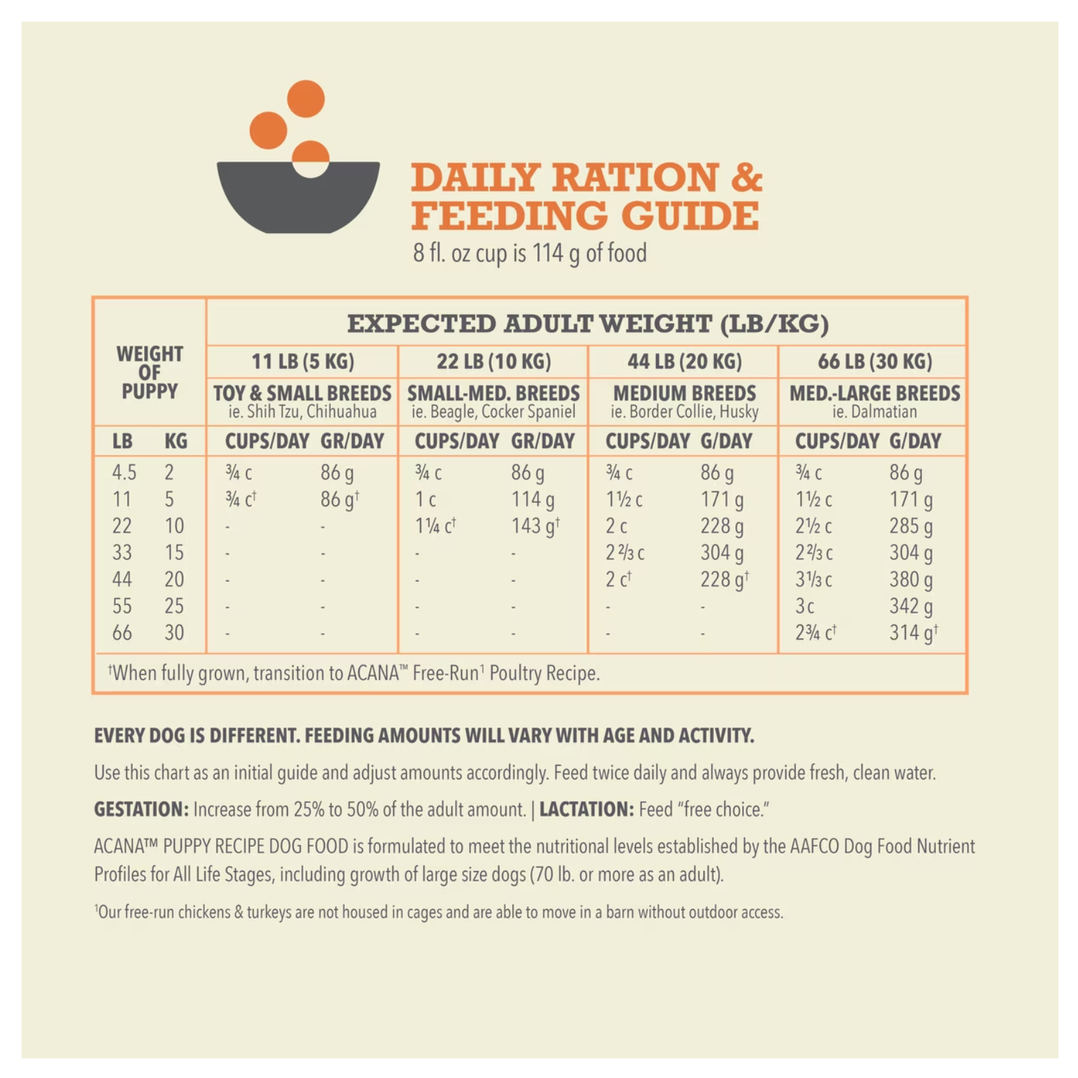 Daily ration and feeding guide chart for ACANA Puppy Recipe, showing recommended cups per day based on puppy weight and expected adult size.