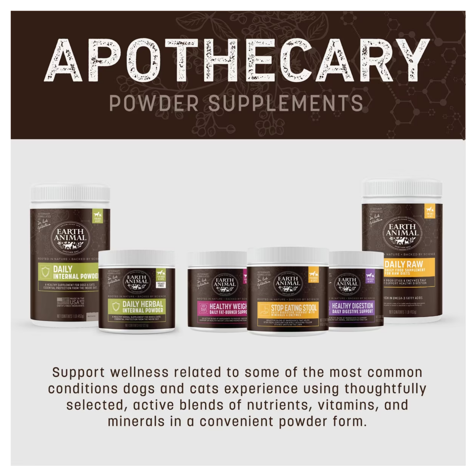 Product lineup image showing multiple Earth Animal Apothecary powder supplements, including Healthy Weight, digestion support, and internal wellness formulas, arranged in a row.