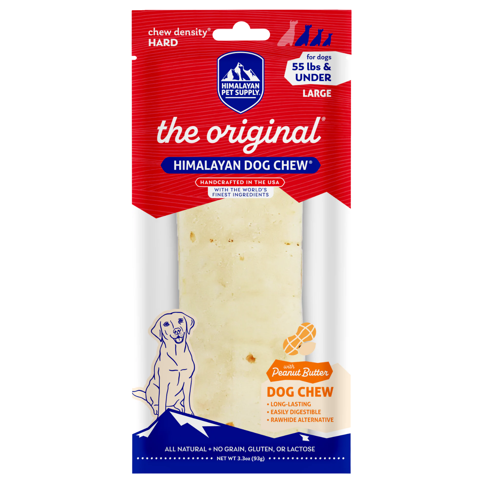 Front of Himalayan Pet Supply “The Original Himalayan Dog Chew” with peanut butter for large dogs (55 lbs and under). Red packaging features a large cheese chew, hard chew density label, peanut butter flavor icon, and long-lasting chew claims.