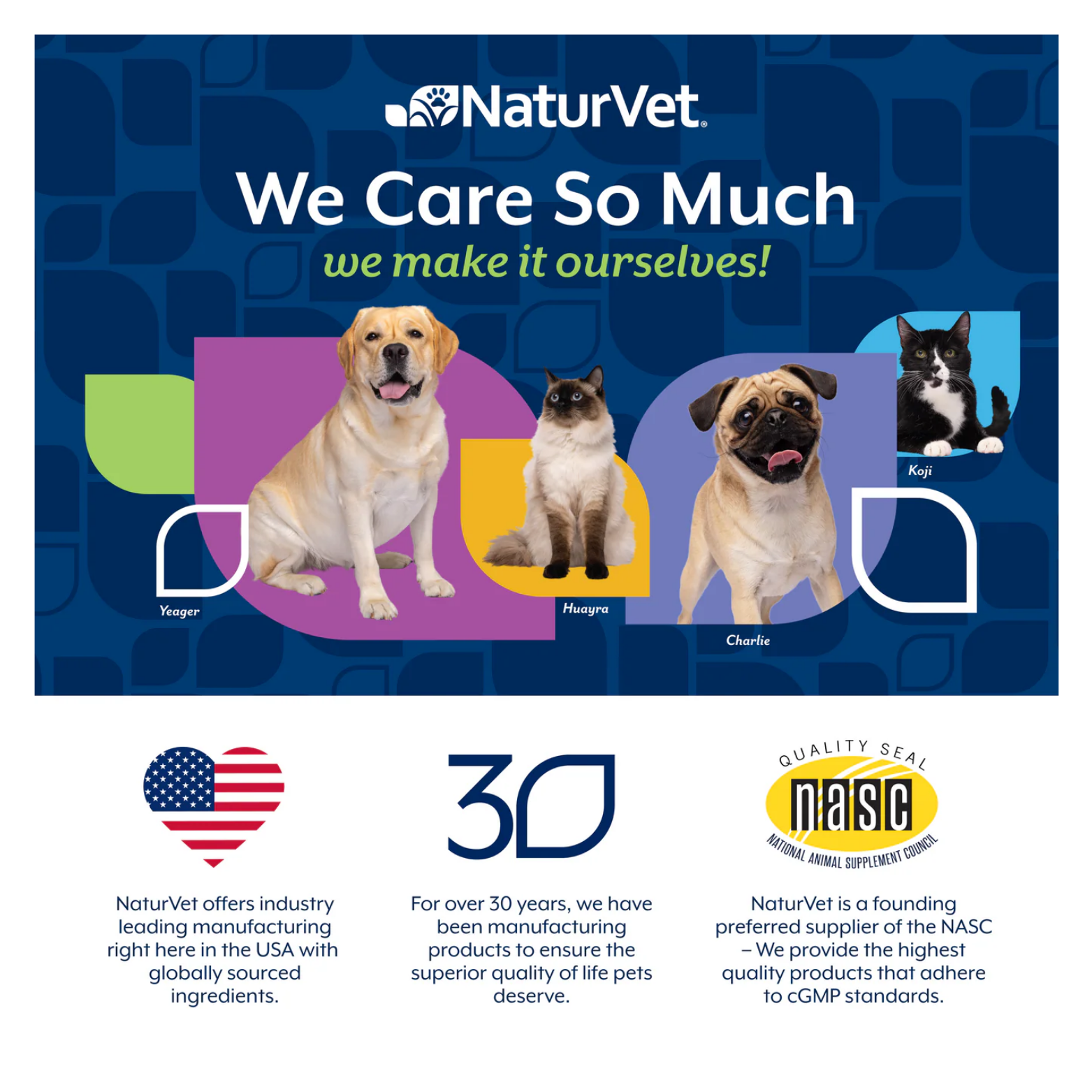 Brand graphic showing multiple dogs and a cat with the message “We Care So Much We Make It Ourselves,” alongside icons noting U.S. manufacturing, over 30 years of experience, and NASC quality standards.