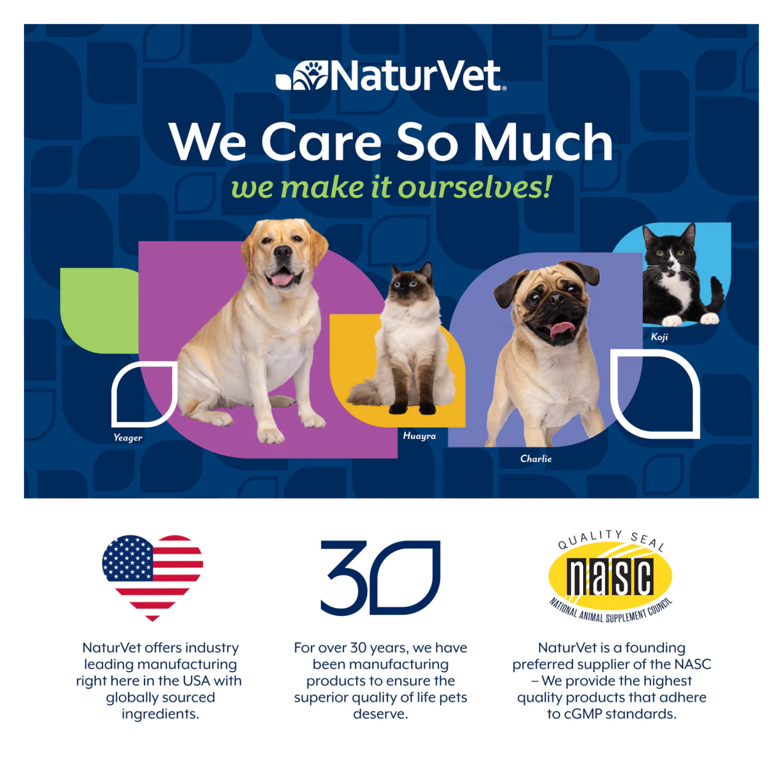 NaturVet brand image showing dogs and a cat with text “We Care So Much We Make It Ourselves,” highlighting U.S. manufacturing, 30+ years of experience, and NASC quality seal.