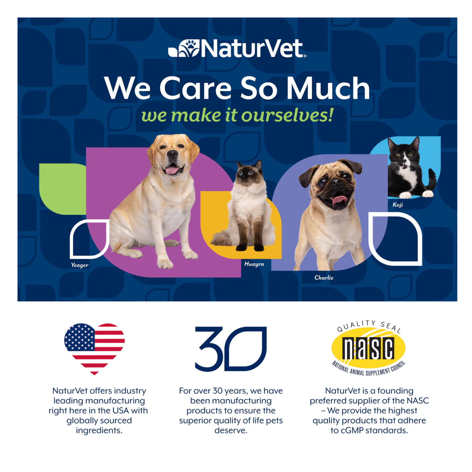Brand trust graphic reading “We Care So Much We Make It Ourselves,” featuring photos of dogs and a cat, plus icons highlighting made in the USA, 30 years of experience, and NASC quality seal.