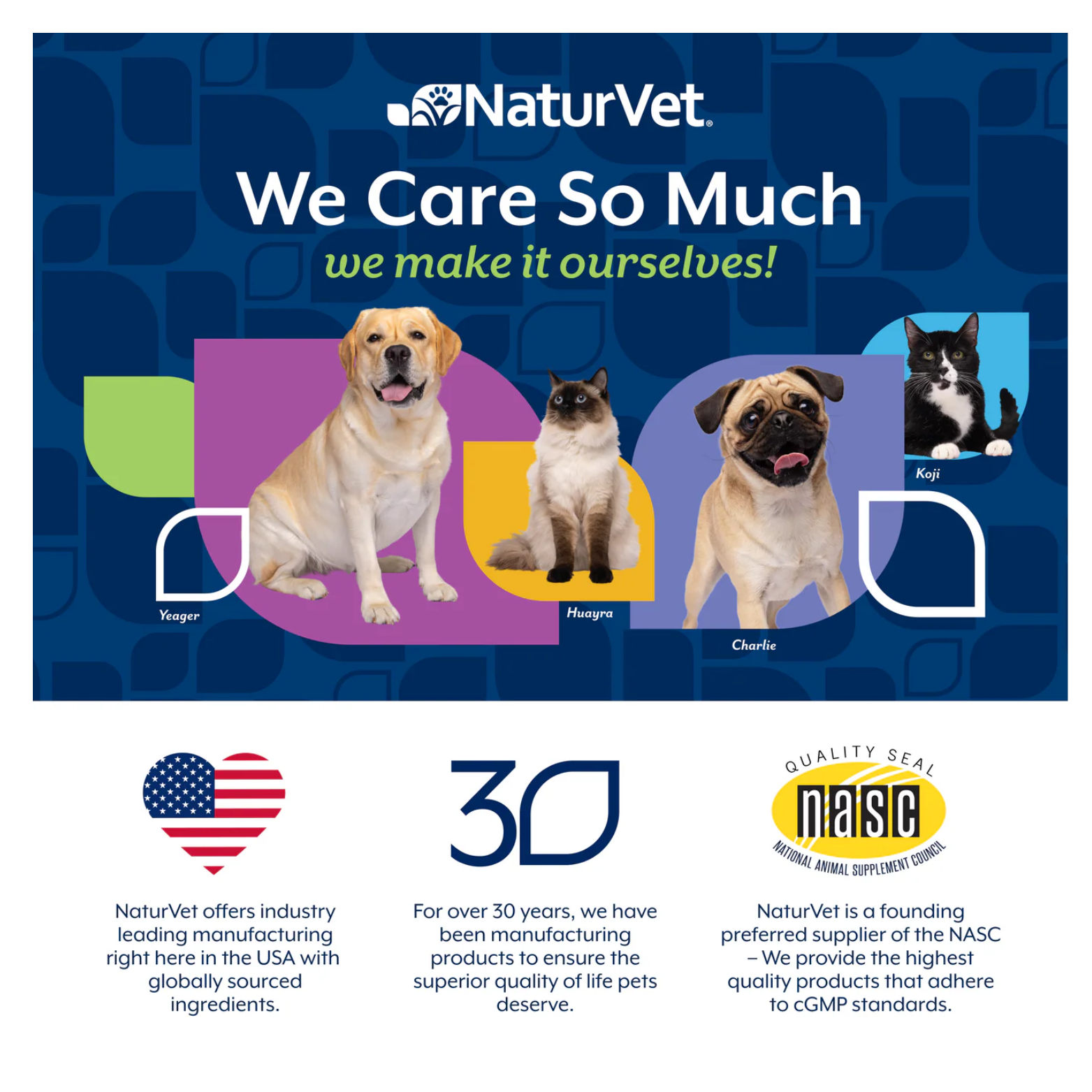 Brand graphic reading “NaturVet – We Care So Much We Make It Ourselves!” featuring dogs and a cat, along with icons indicating made in the USA, over 30 years of experience, and NASC quality seal compliance.