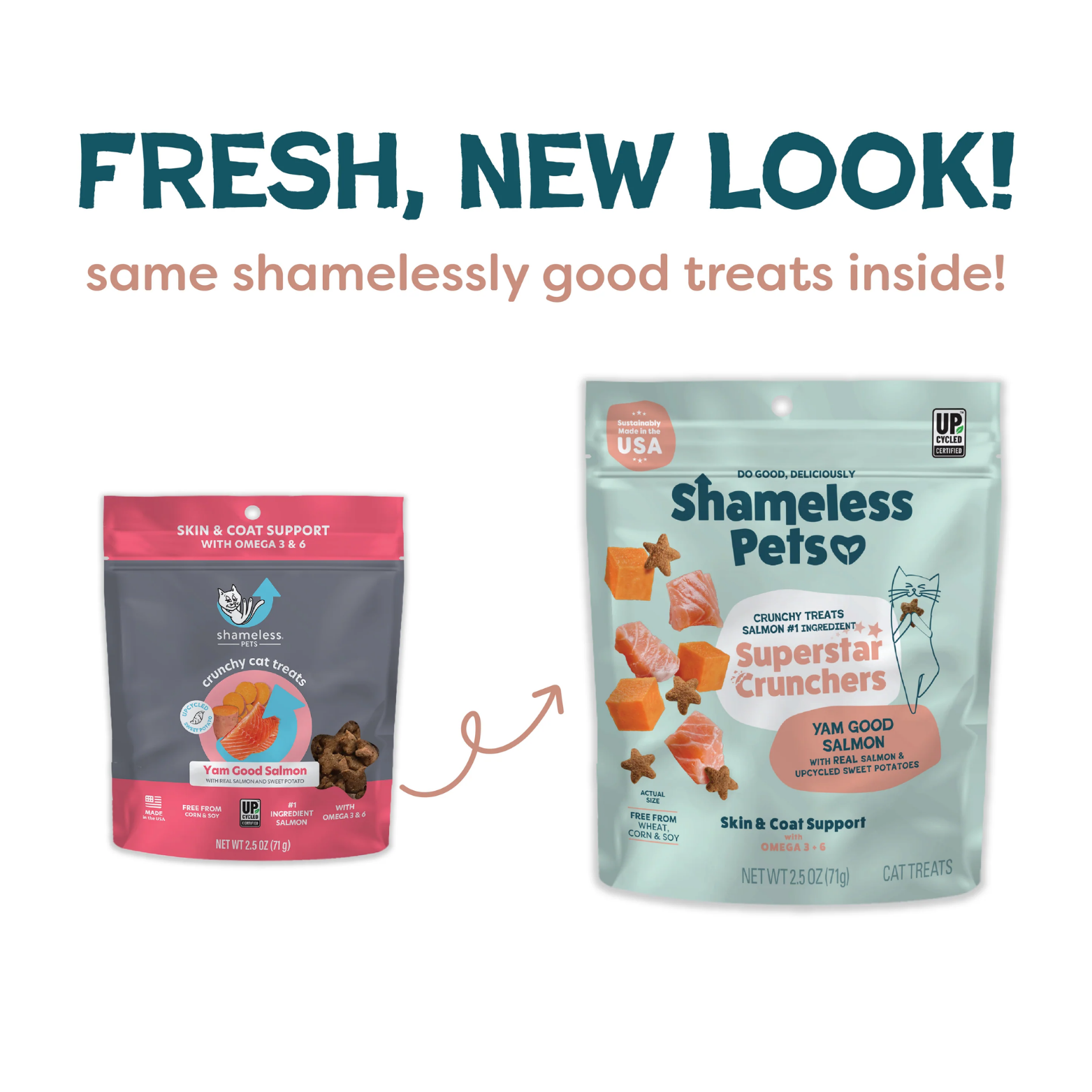 Shameless Pets brand message reading “Lovably Shameless,” describing a mission focused on sustainability, farmers, pets, and the planet, with a “Sustainably Made in the USA” badge.