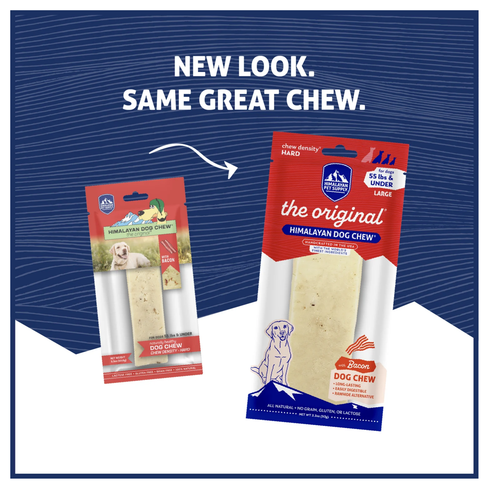 Comparison image showing old and new packaging for the large Himalayan Dog Chew with bacon flavor. The older red package appears on the left and the updated red design on the right beneath the text “New look. Same great chew.”