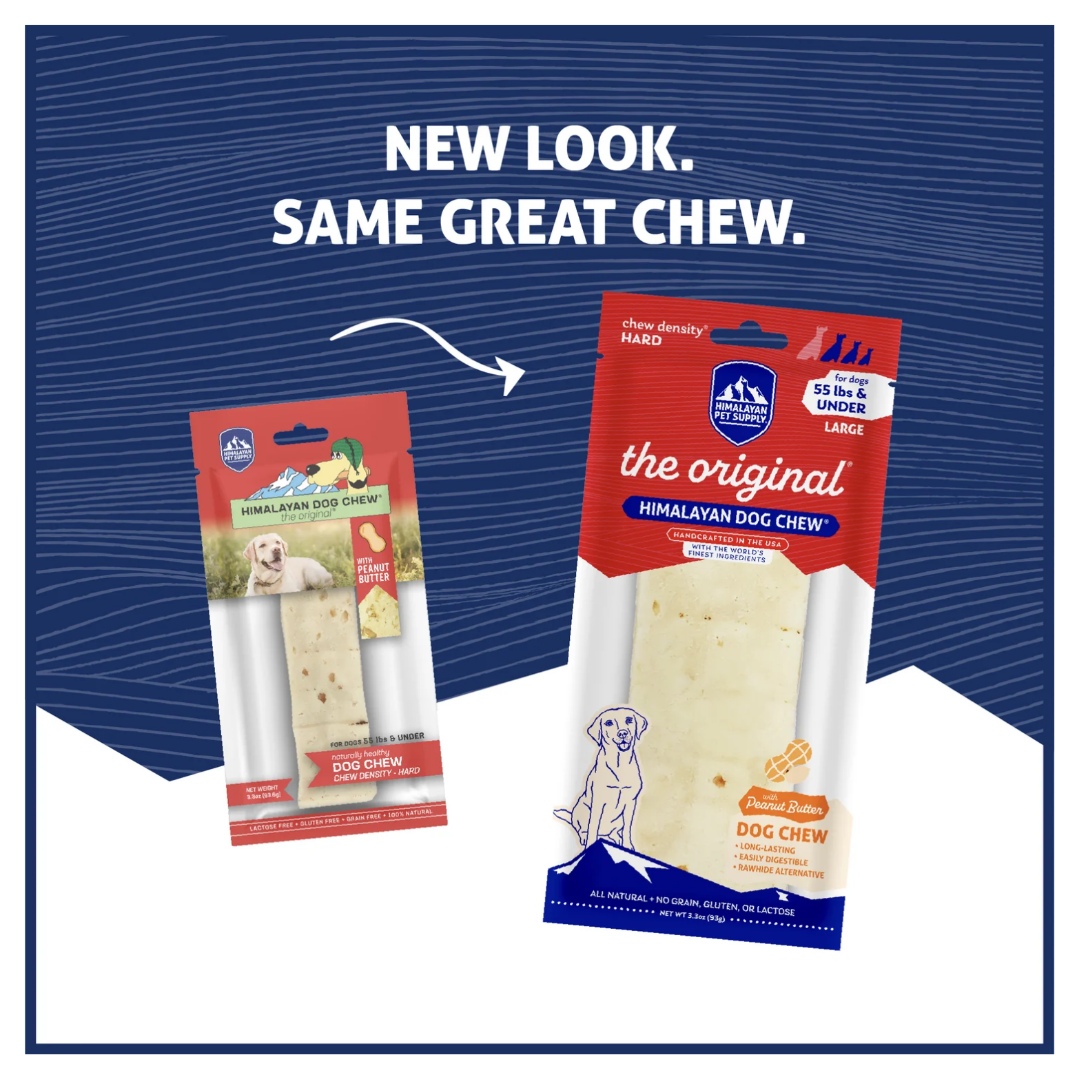 Comparison image showing old and new packaging for the large Himalayan Dog Chew with peanut butter. The older red package appears on the left and the updated red design on the right with “New look. Same great chew.”