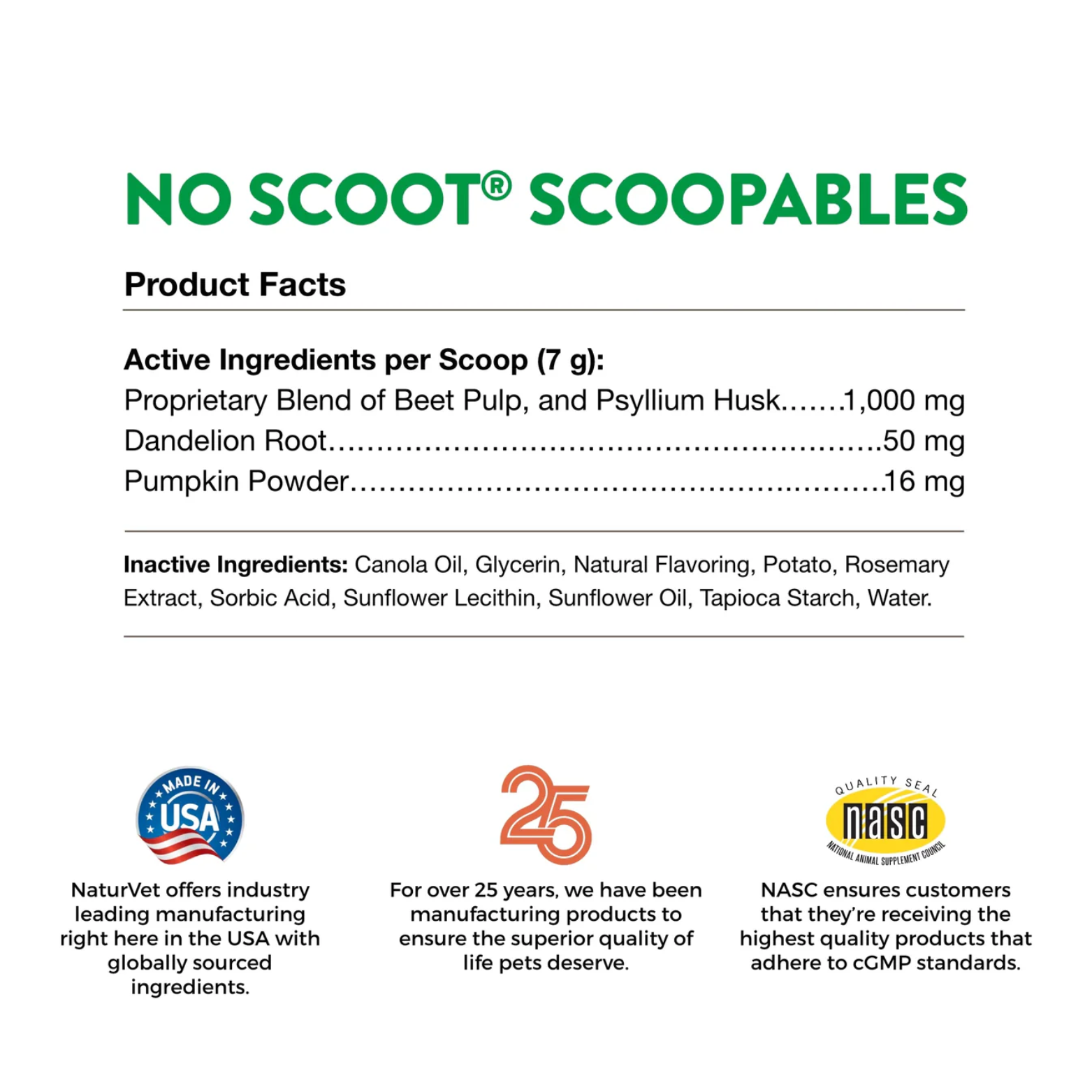 Product facts panel for No Scoot Scoopables listing active and inactive ingredients, manufacturing information, and quality seals including Made in USA and NASC.