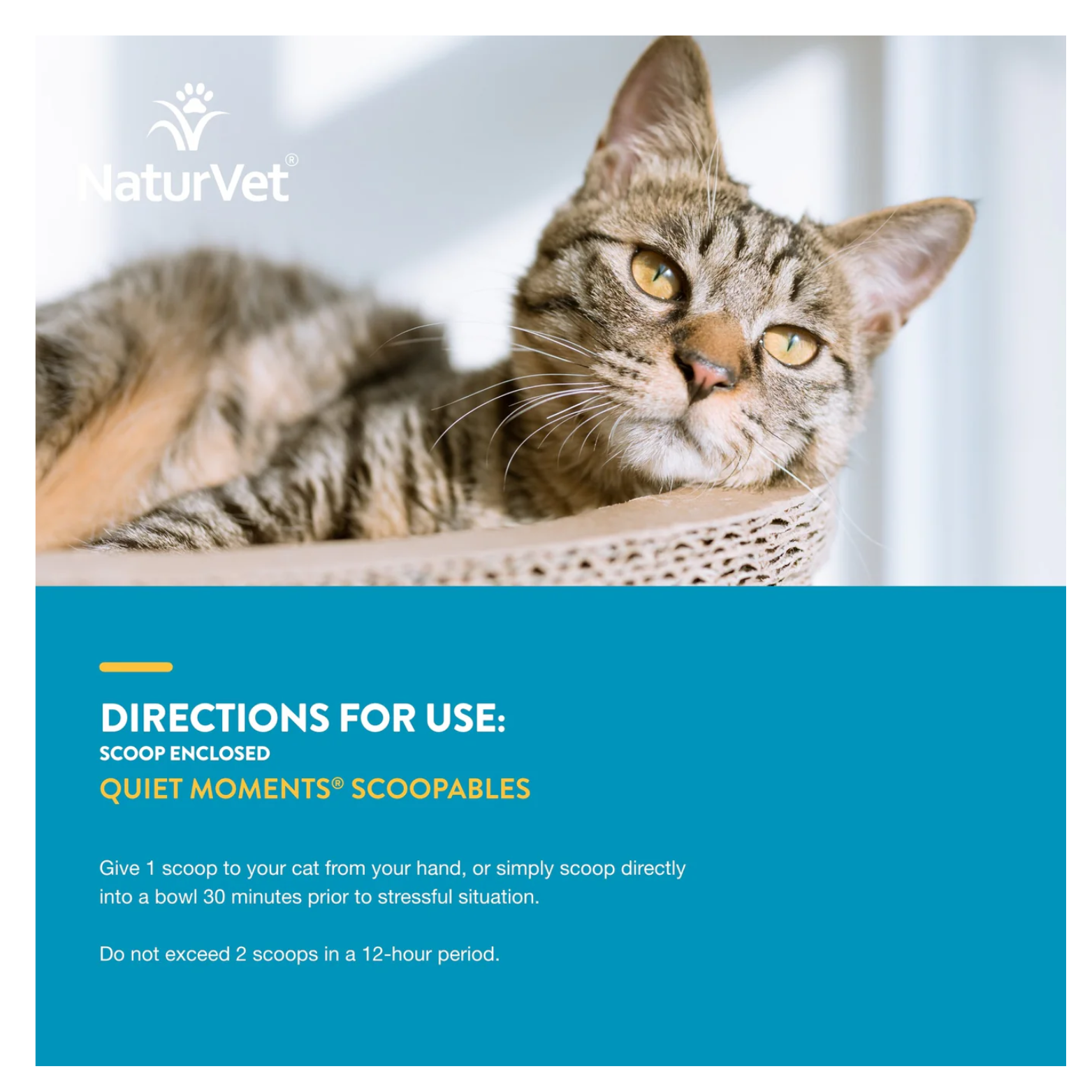 Relaxed tabby cat lying on a cardboard scratcher, with NaturVet branding and icons noting made in the USA, over 25 years of experience, and NASC quality standards.