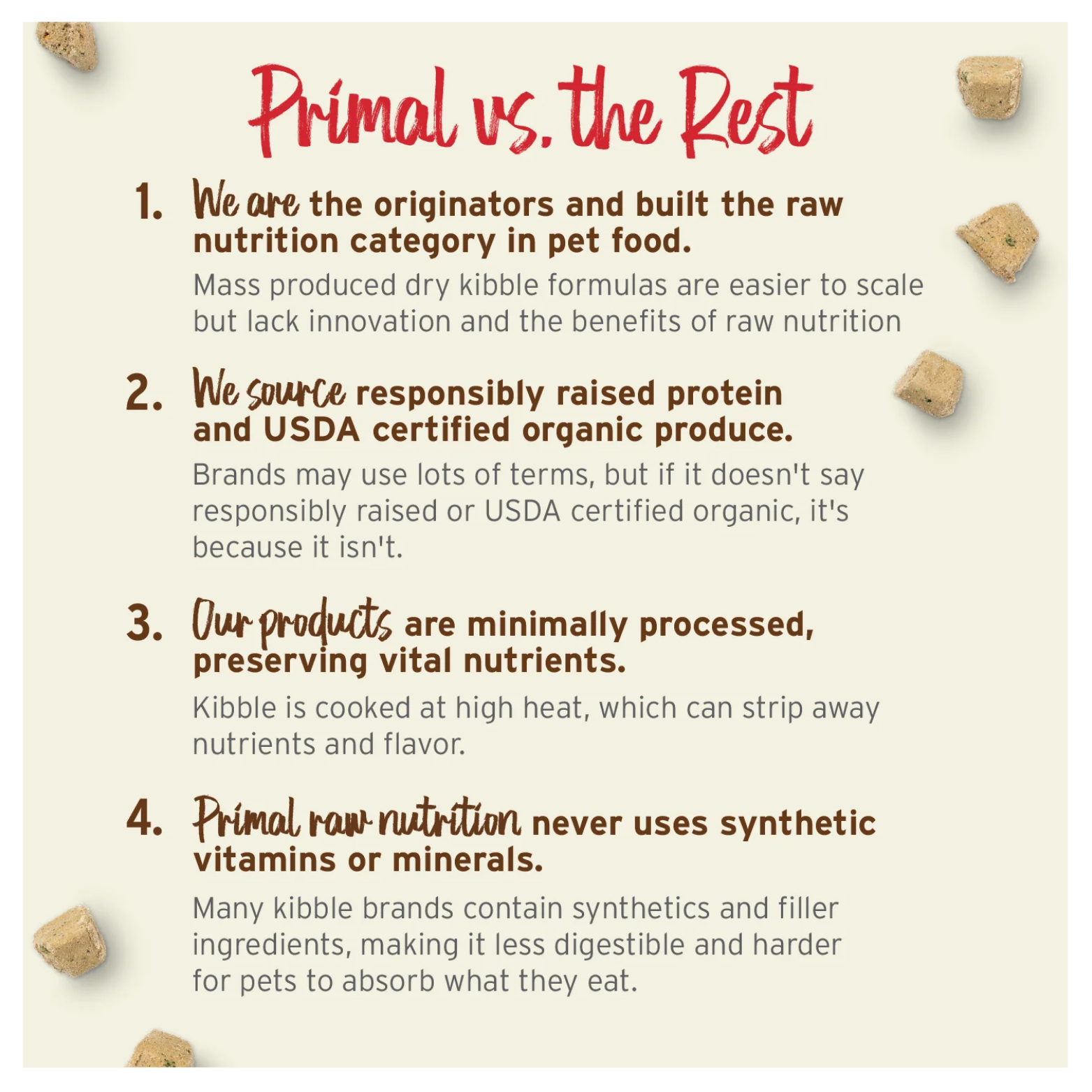 Marketing graphic titled “Primal vs. the Rest” explaining that the brand pioneered raw pet nutrition, uses responsibly raised proteins and organic produce, minimally processes food, and avoids synthetic vitamins or minerals. Small food cubes are scattered around the layout.