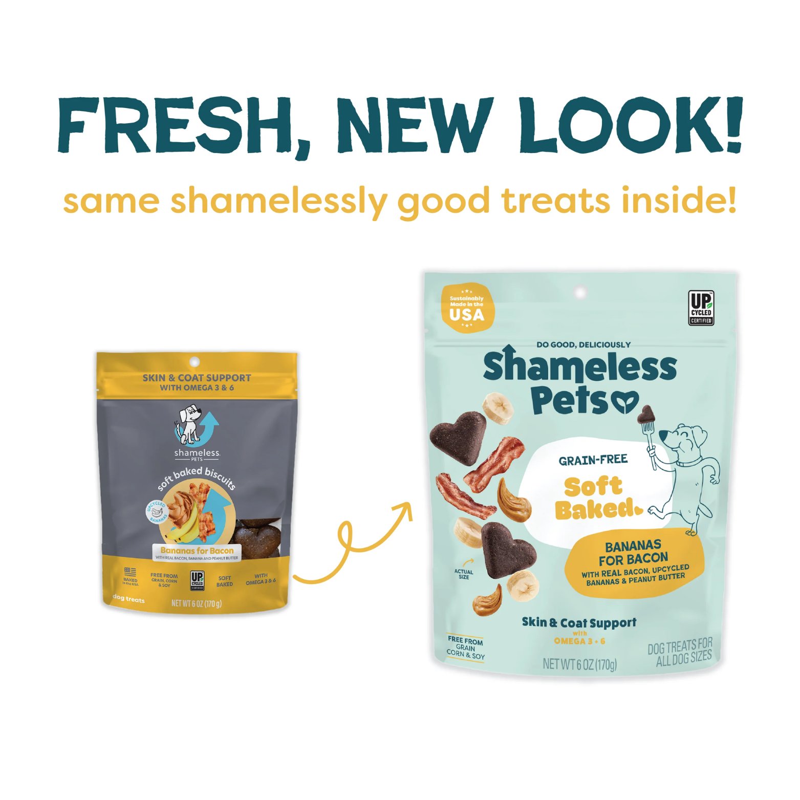 Side-by-side comparison showing the old and new Shameless Pets packaging designs, with text reading “Fresh, new look! Same shamelessly good treats inside,” connected by an arrow indicating the redesign.