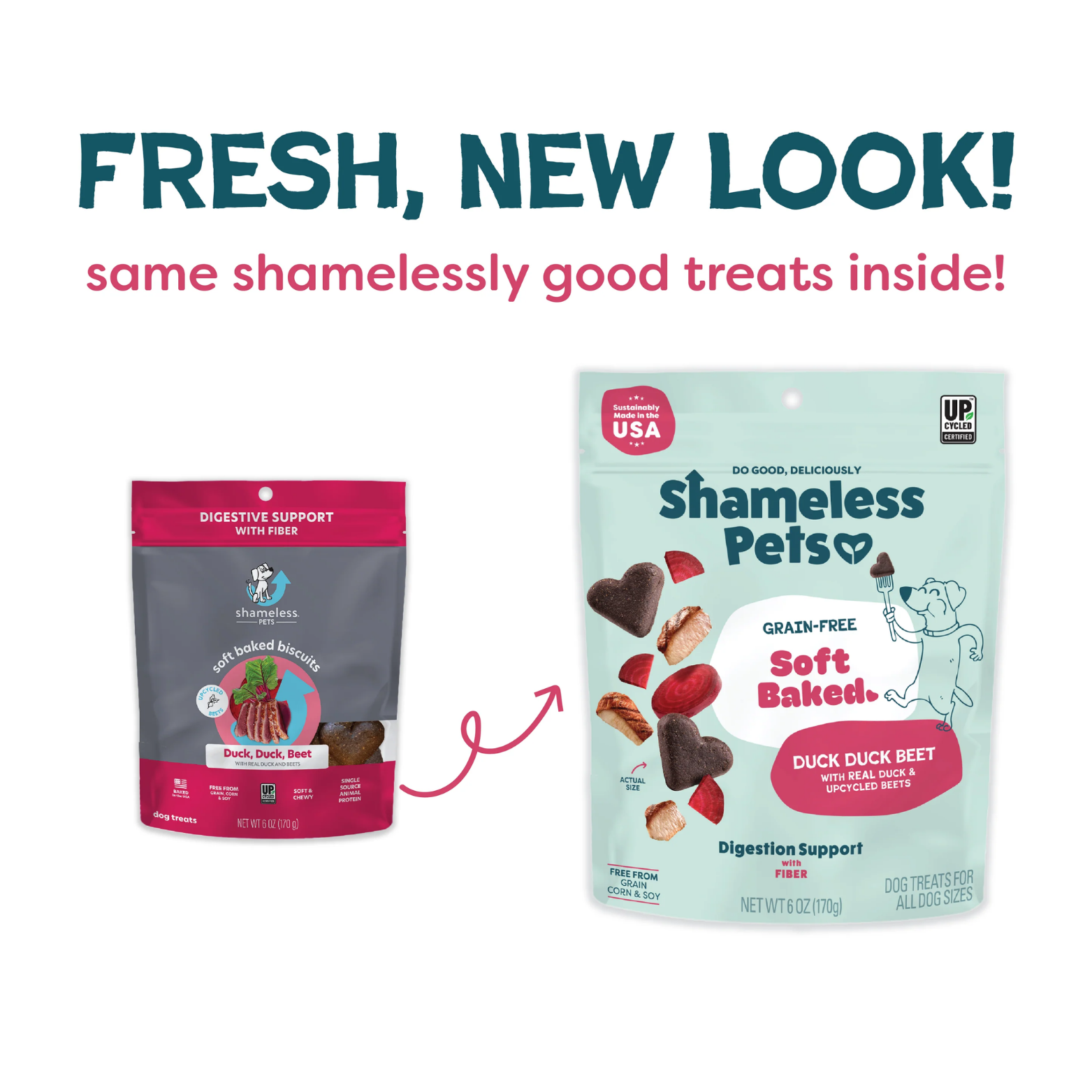 Side-by-side comparison showing the old and new Shameless Pets Duck Duck Beet packaging designs, with text reading “Fresh, new look! Same shamelessly good treats inside,” connected by an arrow indicating the redesign.