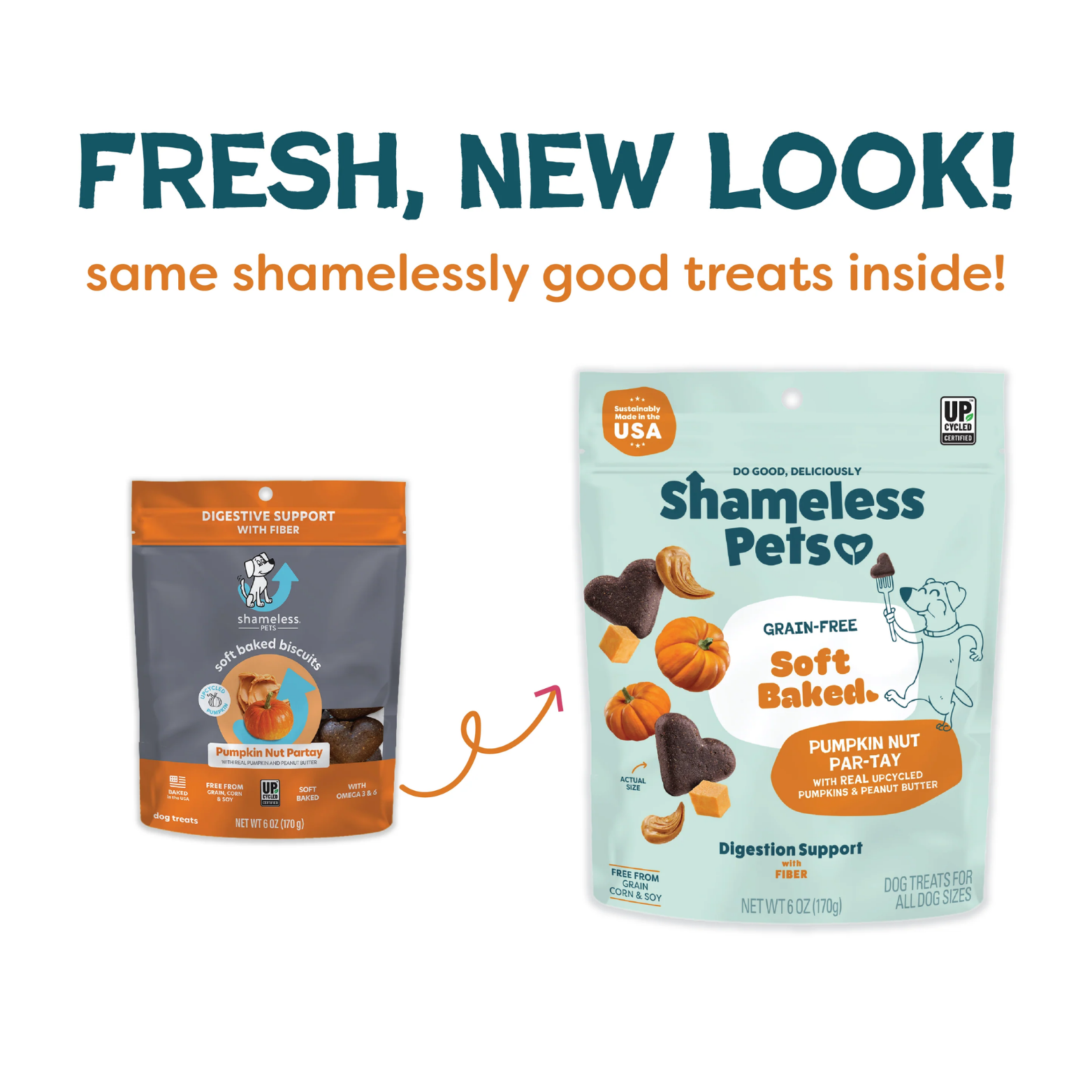 Side-by-side comparison showing the old and new Shameless Pets Pumpkin Nut Par-Tay packaging designs, with text reading “Fresh, new look! Same shamelessly good treats inside,” connected by an arrow indicating the redesign.