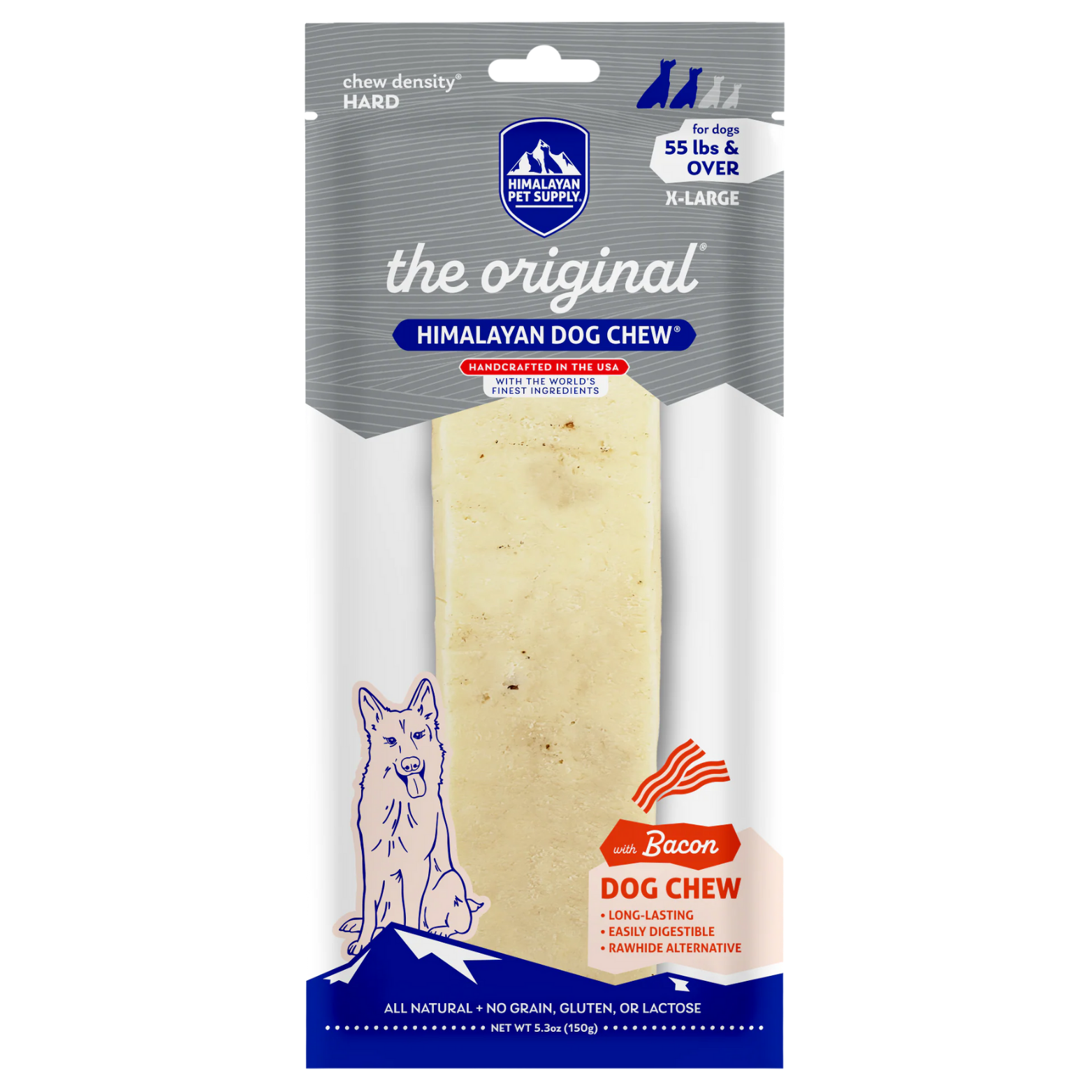 Front of Himalayan Pet Supply “The Original Himalayan Dog Chew” with bacon for extra-large dogs (55 lbs and over). Gray packaging features a large cheese chew, hard chew density label, bacon flavor icon, and all-natural, rawhide-free claims.