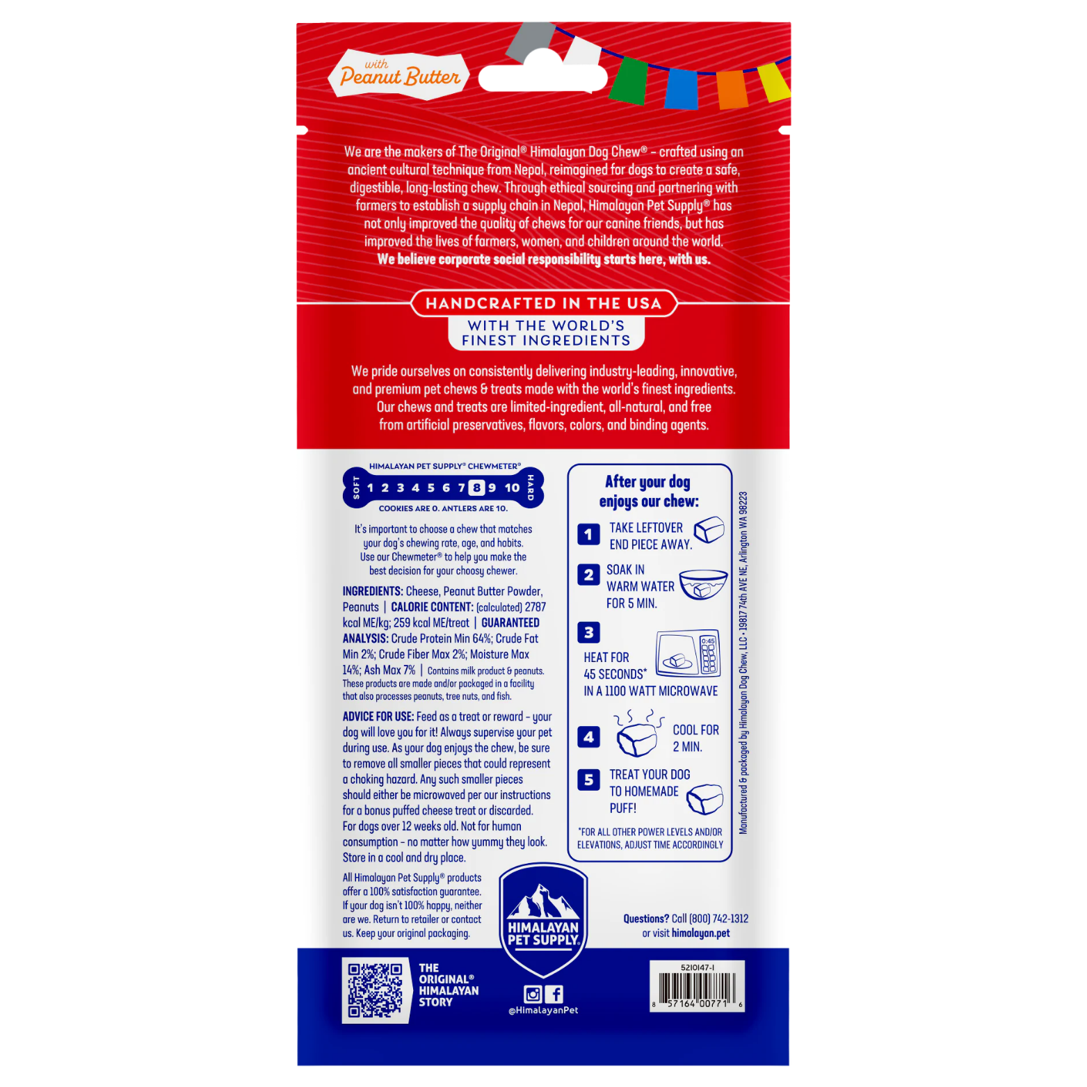 Back of the large Himalayan Dog Chew with peanut butter package. Shows product story, handcrafted in the USA statement, ingredient list, guaranteed analysis, chew density scale, feeding guidance, and microwave puff instructions.